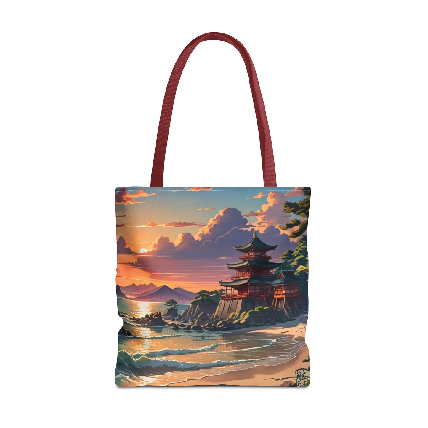 This is the Red 18" x 18" Temple of Peace All-over Print Tote Bag by Lee Hansheng Studios.The illustration shows a setting red/orange sun above clouds,two blue roof,brown/red walled temples on the right on top of the hills,mountains,blue/white waves into sand and a forest to the right.On the bottom right corner is the logo printed in black for the studio and outlined in blue. The tote is against a white background.