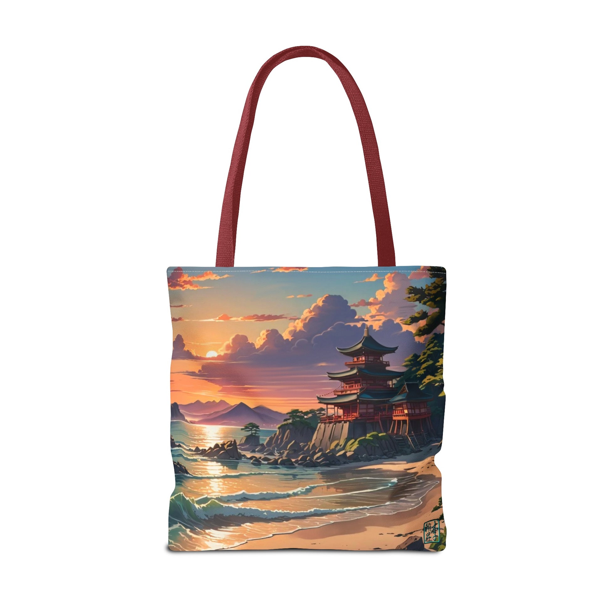 This is the Red 18" x 18" Temple of Peace All-over Print Tote Bag by Lee Hansheng Studios.The illustration shows a setting red/orange sun above clouds,two blue roof,brown/red walled temples on the right on top of the hills,mountains,blue/white waves into sand and a forest to the right.On the bottom right corner is the logo printed in black for the studio and outlined in blue. The tote is against a white background.