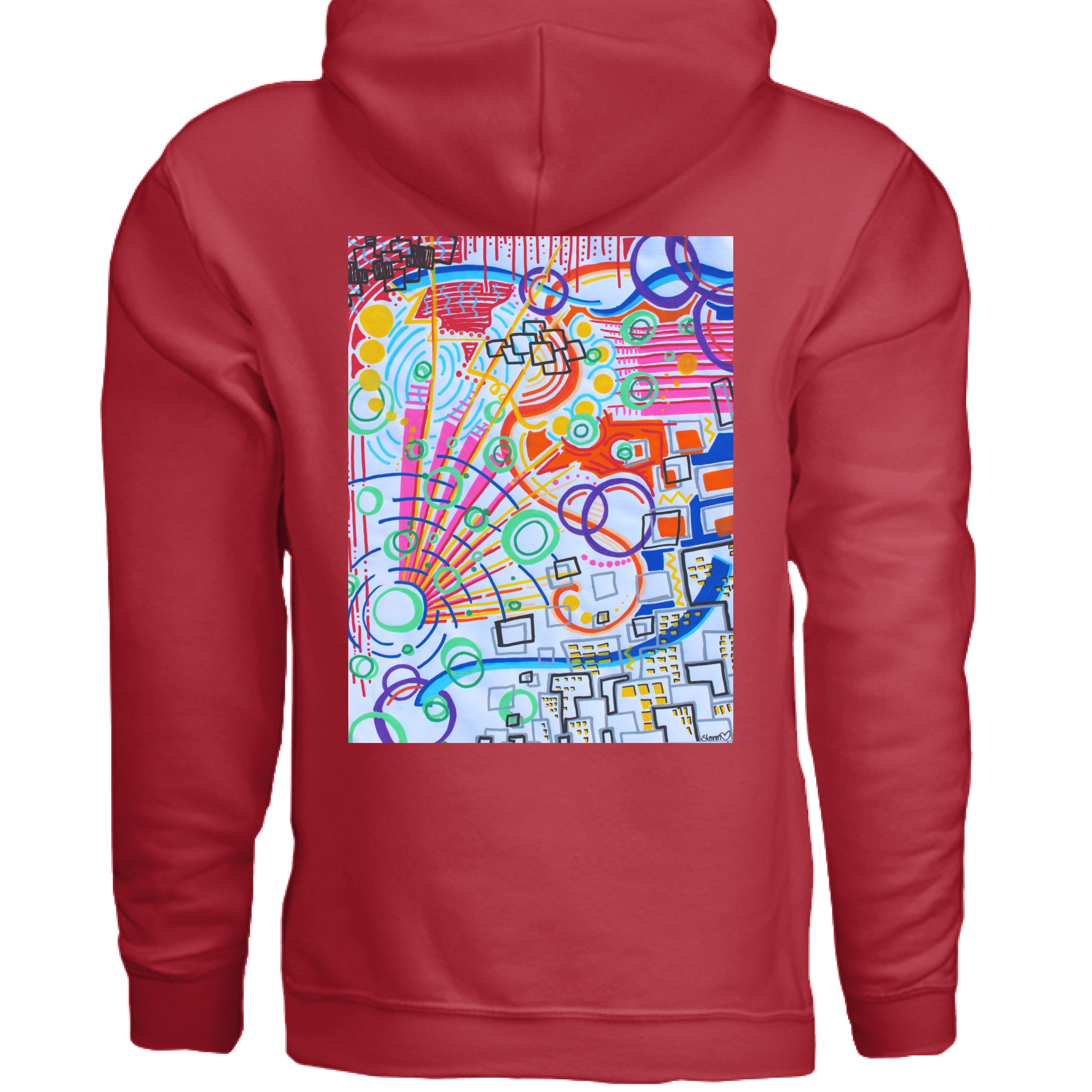 This is the Red The City Hoodie by Storm Garden Studio. This image is showcasing the back of the hoodie. There is an illustration right under the hood. It is a rectangular illustration with geometric shapes and city buildings to the right. There are squares, circles, sun rays, dots, in purples, red, pink, lime green, yellow, grey, blue and black. The background for the illustration is a light blue. The hoodie is against a white background. 