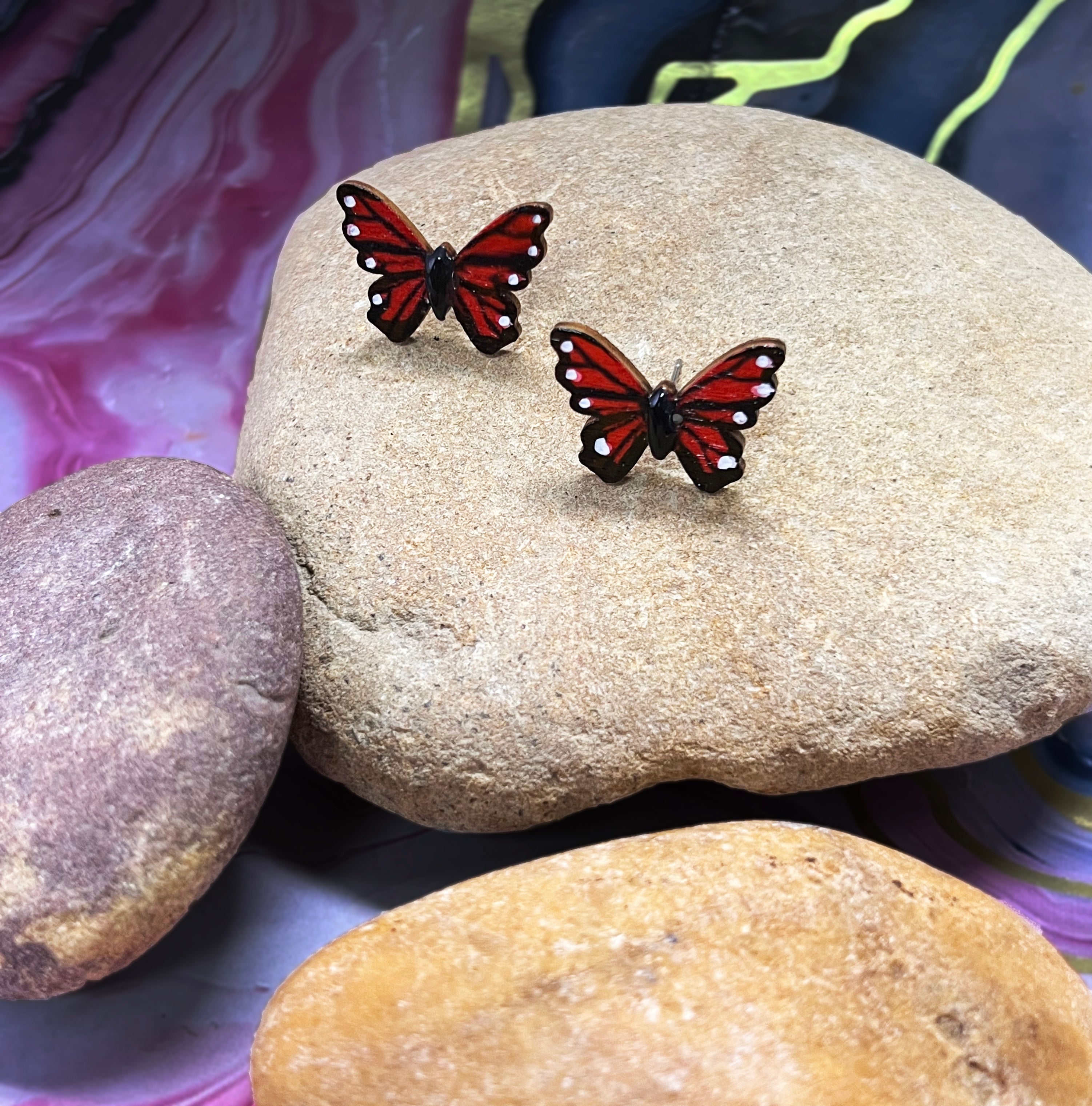 Red & Black Butterfly Earrings with white Accents