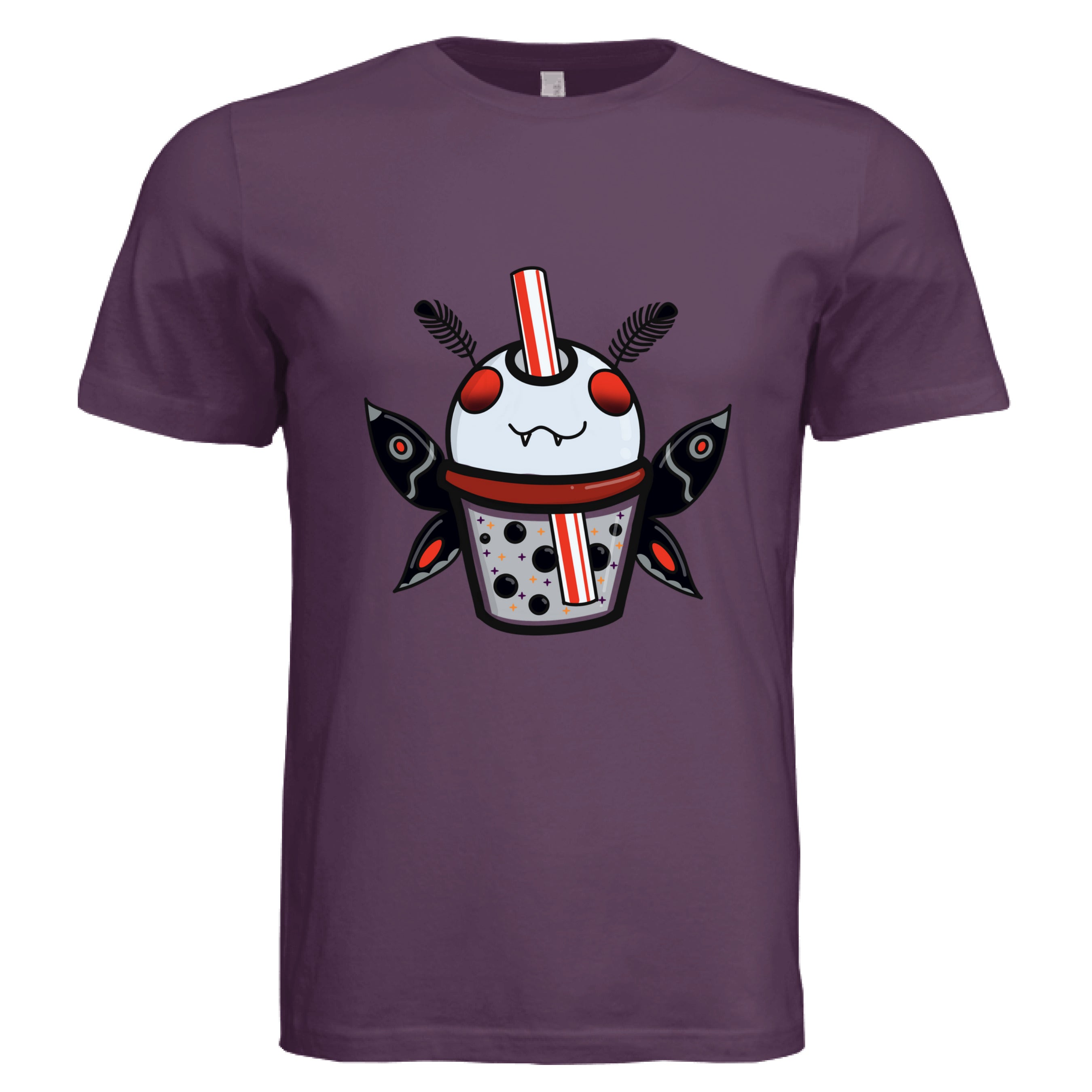 This is the Royal Purple Mothman Boba T-Shirt by Dazzle & Daggers Design. This is showcasing the front of the shirt. There is an illustration of a moth boba that is gray, red eyes, inside the glass is gray with black boba, red dots, black, red, gray both wings and fluffly black antennas, red and white striped straw. It is against a white background.