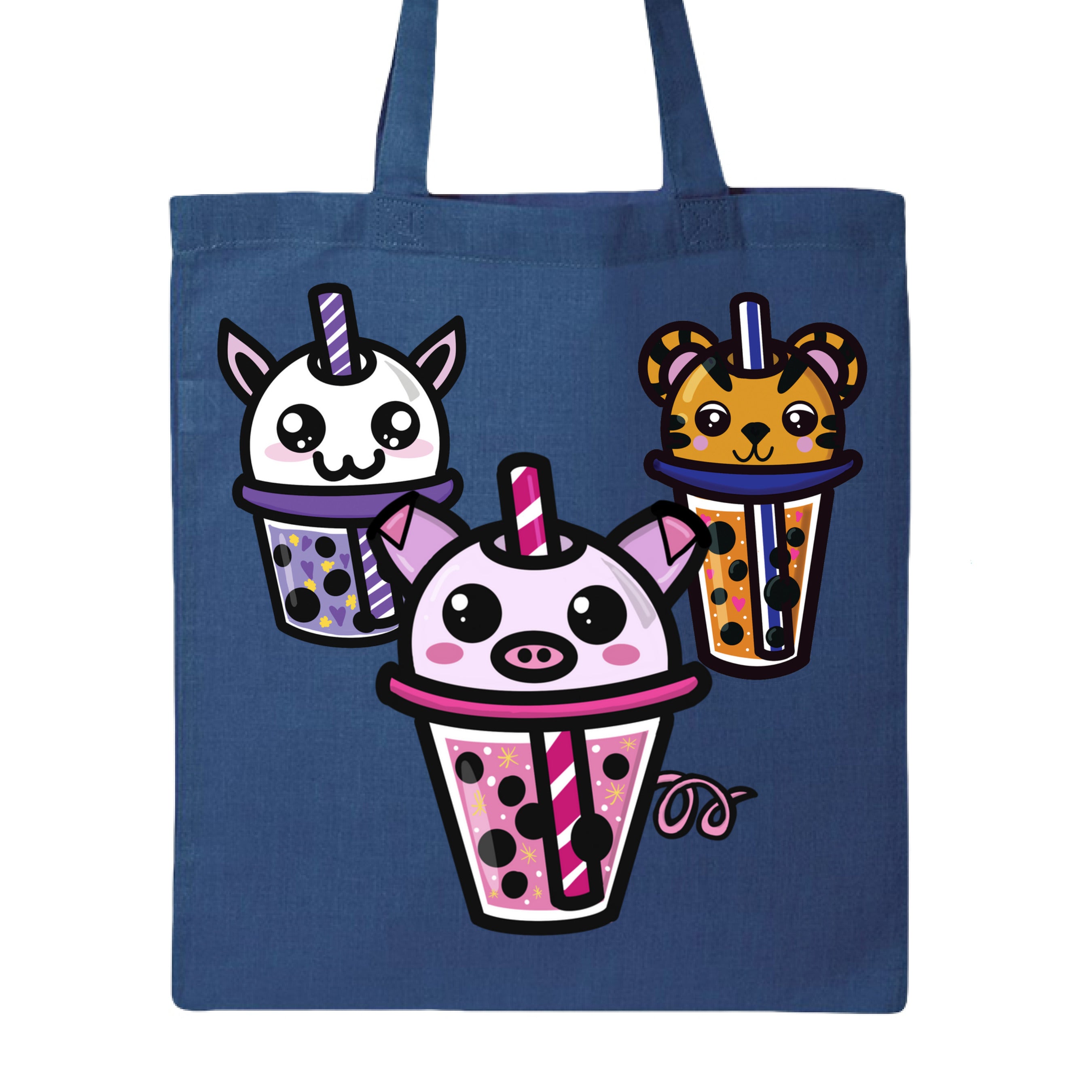 This is the Royal Boba Friends Canvas Tote by Dazzle & Daggers Design. This is showcasing the front that features three kawaii designs.The Piggy Boba is pink all over and the glass has pink liquid, boba, yellow sparkles,white dots and peppermint swirl like. Thai Tea Tiger is orange, orange liquid, black boba, white dots, red hearts, blue and white striped straw. The Cryptid Boba is white, purple and white swirl straw, purple liquid, black boba, yellow stars and purple hearts.