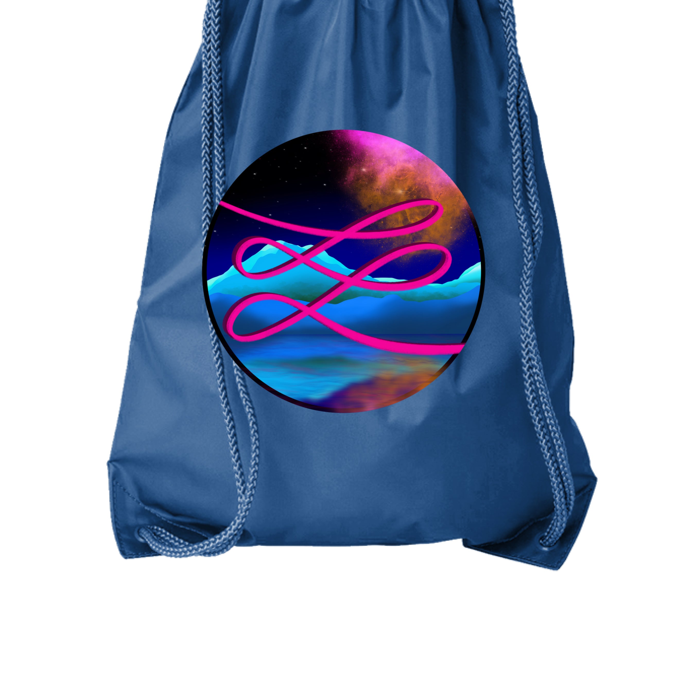 This is the Royal Calligraphers Swirl Drawstring Bag by Lee Hansheng Studios. This is showcasing the front. The illustration is circular and has a neon pink handwritten lines across the whole art. The background is a cosmic drop with blue mountains, galaxy like sky with dark purple, pink and orange colors. The drawstrings are shown too. It is against a white background.