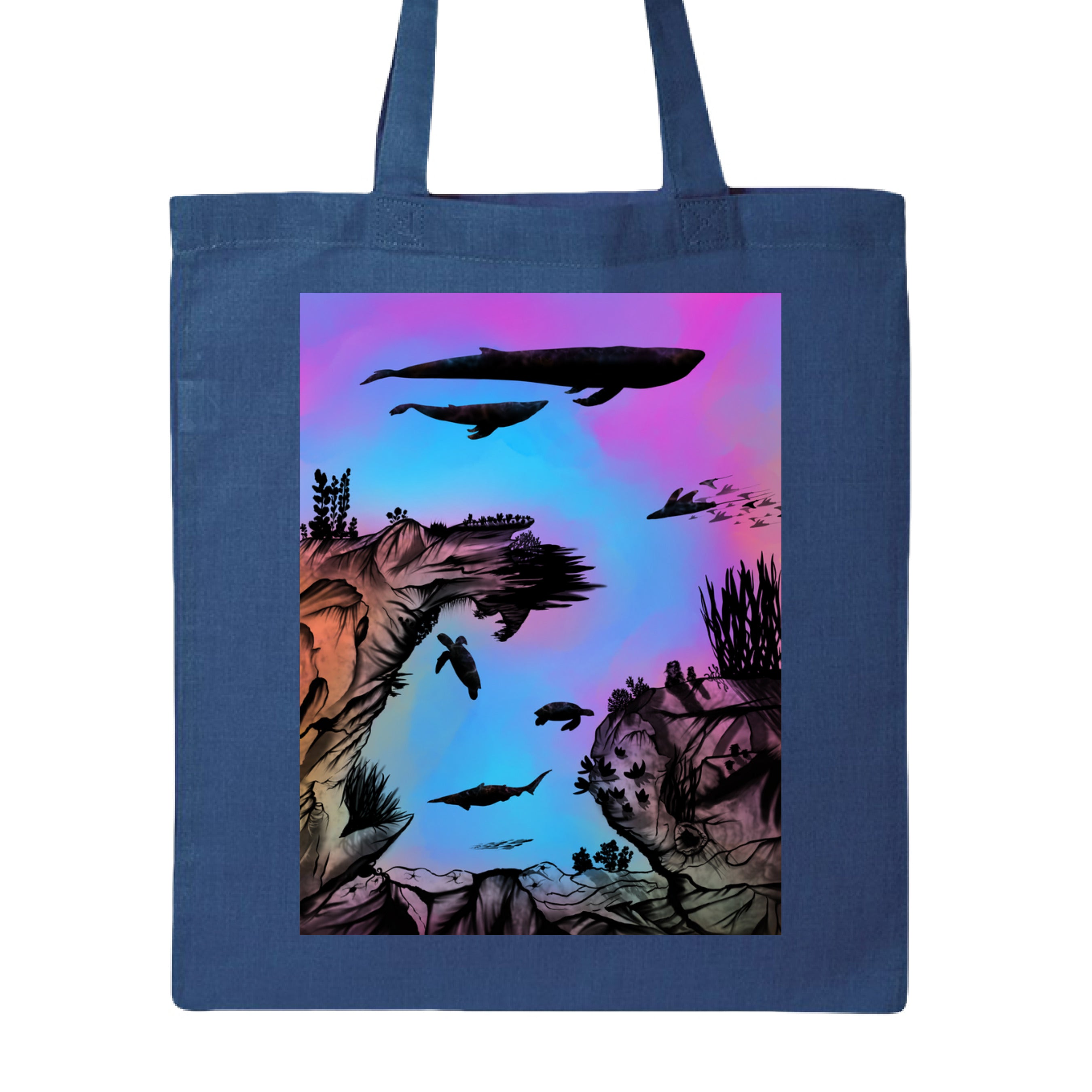 This is the Royal Into the Abyss Canvas Tote by Lee Hansheng Studios. This is showcasing the front of the tote. The illustration is of an otherworldly underwater world alive with graceful black silhouettes drifting against a luminous gradient of blues, purples, and warm tones throughout the water. To the left, right and bottom are sediment, rocks, seaweed throughout. The top has a humpback whale, another whale, below are a pool of mantis rays, two sea turtles, sea of fish. It is against a white background.