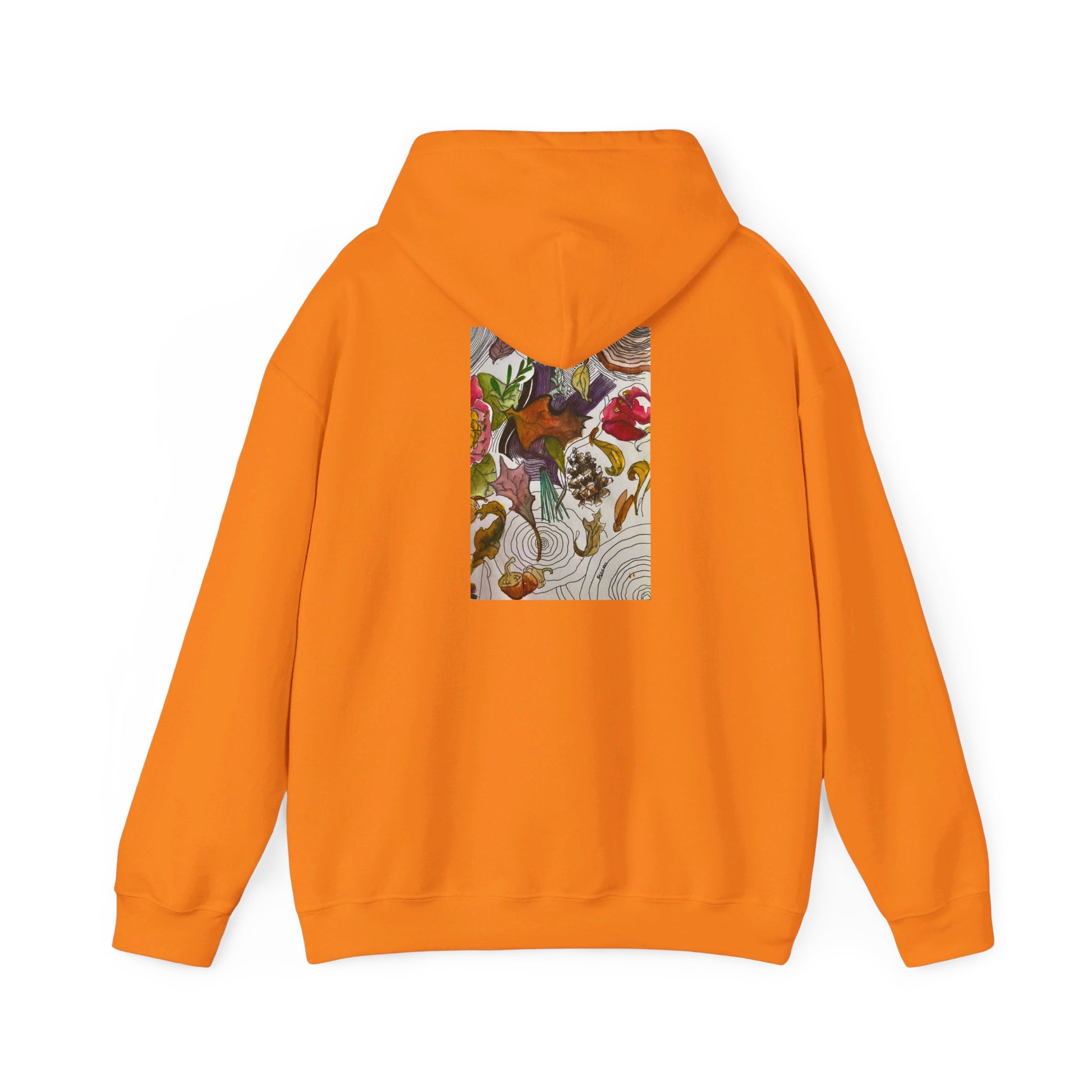 This is the Safety Orange Fall is falling Heavy Blend Hooded Sweatshirt by Storm Garden Studio. It comes in sizes S-5XL. The image is from the back with the hood down. The drawstring is color matched. The illustration is within a rectangle starting from the upper back to mid back. There are various conifers like leaves,pine cones,etc. There are also some flowers and a tree trunk ring.The colors are red, yellow, dark brown, purples, and green. It is against from a white background.