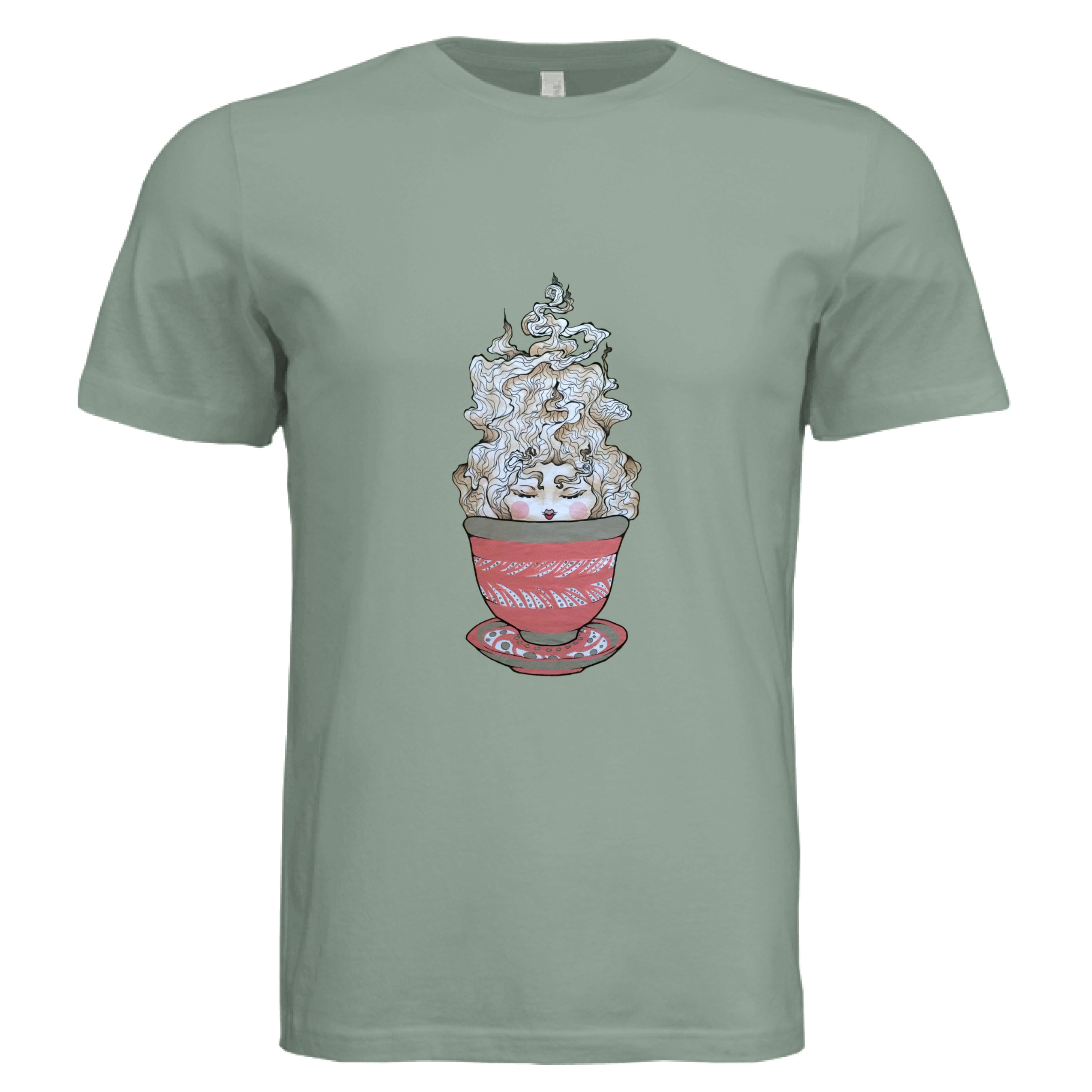 This is the Sage Green Tea T-Shirt by Chris Foster Design. This is showcasing the front of the shirt. The illustration is a tea sprite. There's a woman's face with curly hair/steam that is white and tan/beige inside an intricately designed pink/red teacup with a saucer that has white and black dashes or swirl patterns. The size label can be seen from the front and inside of t-shirt. The shirt is against a white background. 