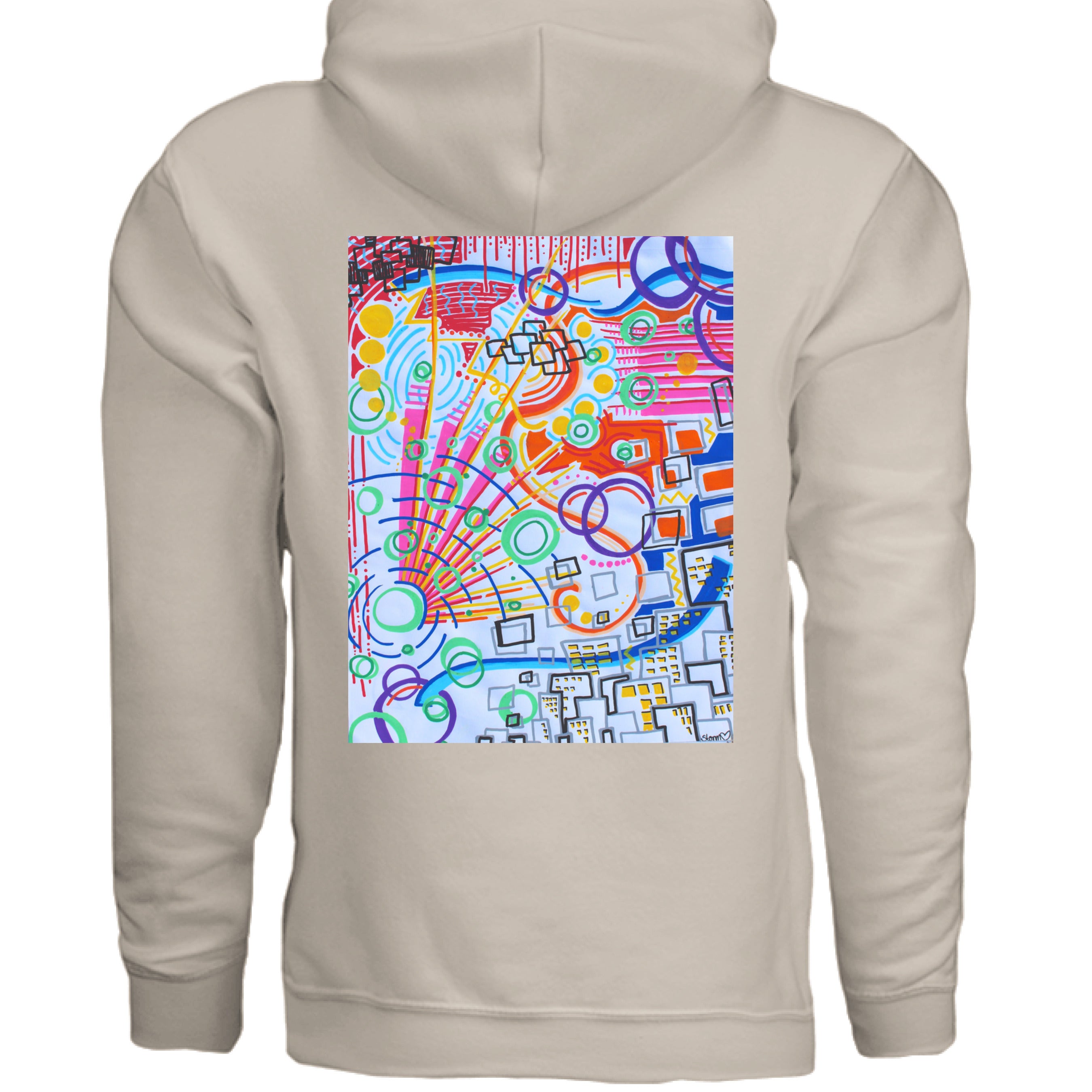 This is the Sand The City by Storm Garden Studio. This image is showcasing the front of the hoodie. There are two drawstrings attached to the hood with a large pouch from the middle to the bottom. On the left breast pocket is the image of the studio logo. The logo is a plant that has two leaves, one of the leaves is bitten with a spiderweb and spider on the it. The flower of the plant is a lightbulb. The logo is all in black and against a white background. 