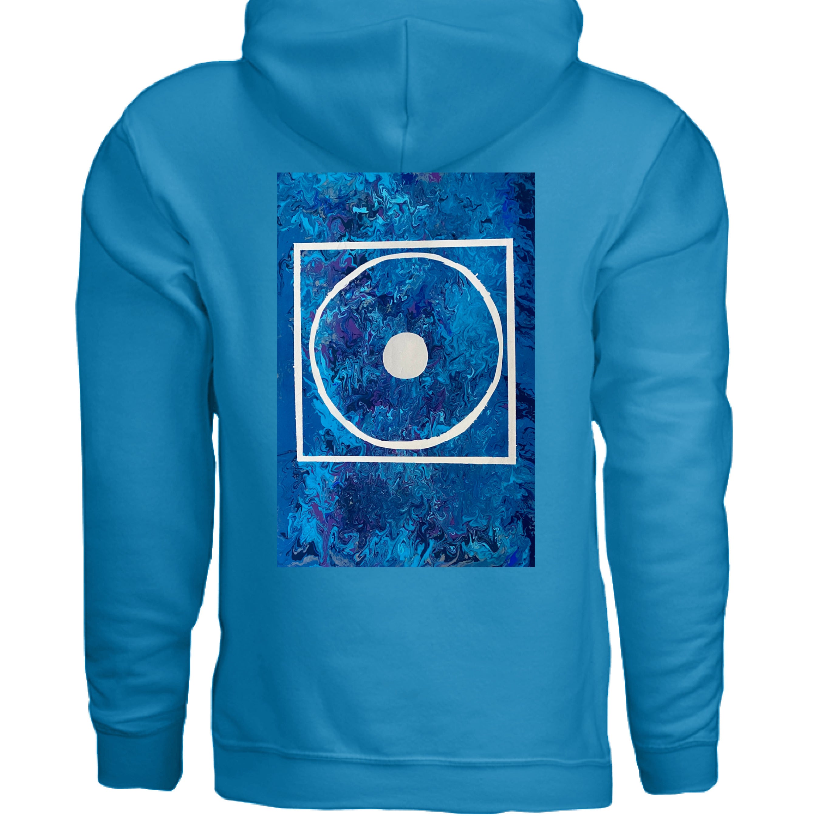 This is the Sapphire Big Low Hoodie by Storm Garden Studio. This is showcasing the back of the hoodie. The illustration is rectangular and has a white filled in dot, within a outlined circle, within a outlined rectangle. The background is a mix and dip of different blues. The back has the hood and right below is the illustration. There isn't anything below the illustration. The hoodie is against a white background.