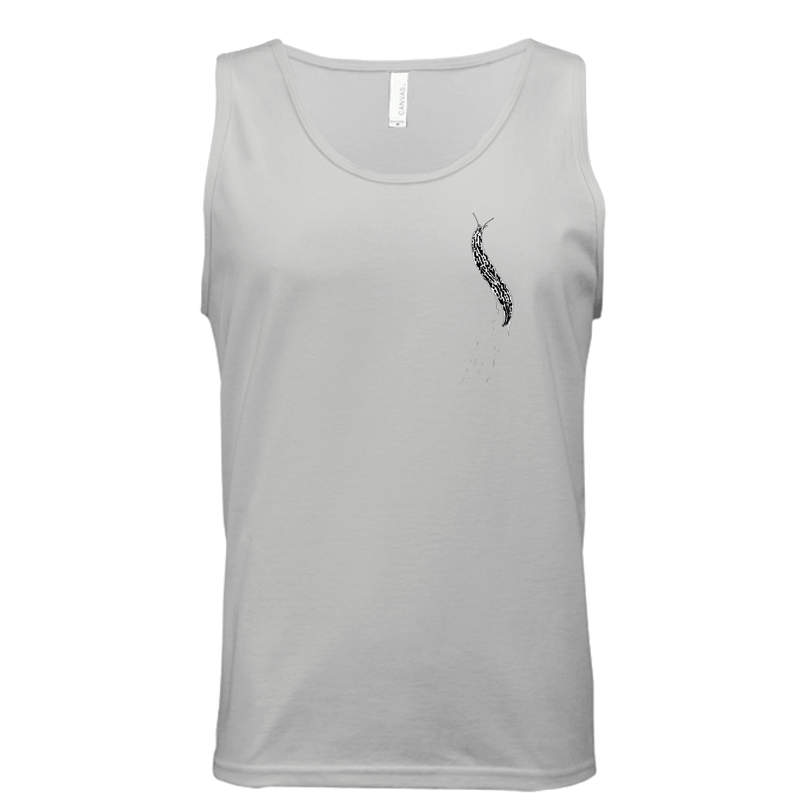 This is the Silver Banana Slug Tank by Storm Garden Studio. This showcases the front of the tank. There is a banana slug in black and white on the left chest. There is a large pouch too. It is against a white background. 