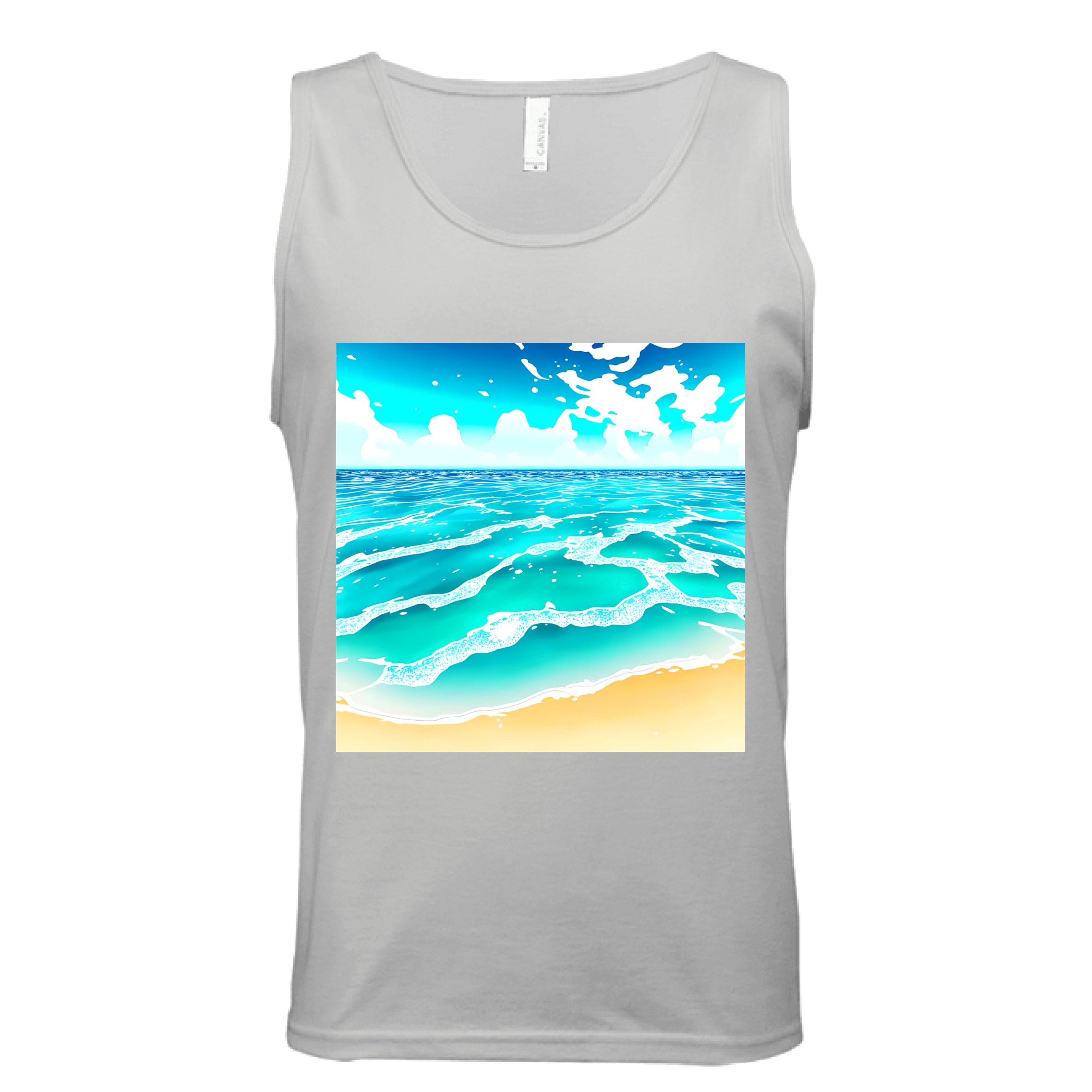 This is the Silver Beach Life Tank by Lee Hansheng Studios. This showcases the front of the tank. The squared illustration captures rolling turquoise waves, crisp white foam, and a stretch of golden sand under a brilliant blue sky that has clouds floating in the horizon. The sky is a gradient from light blue to darker blue. The tank is against a white background. 