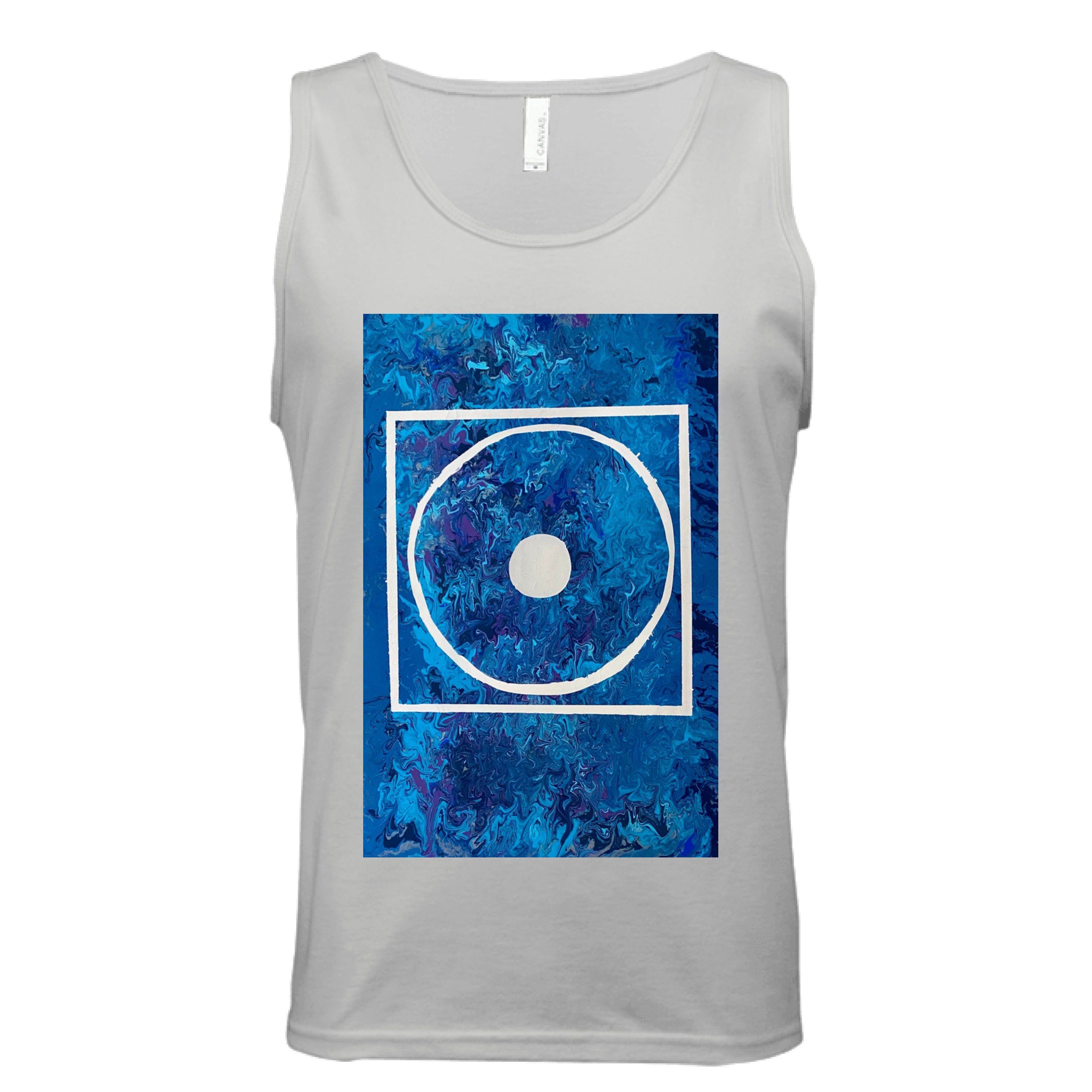 This is the Silver Big Low Tank by Storm Garden Studio. This is showcasing the front of the tank. The illustration is rectangular and has a white filled in dot, within a outlined circle, within a outlined rectangle. The background is a mix and dip of different blues. It is against a white background.