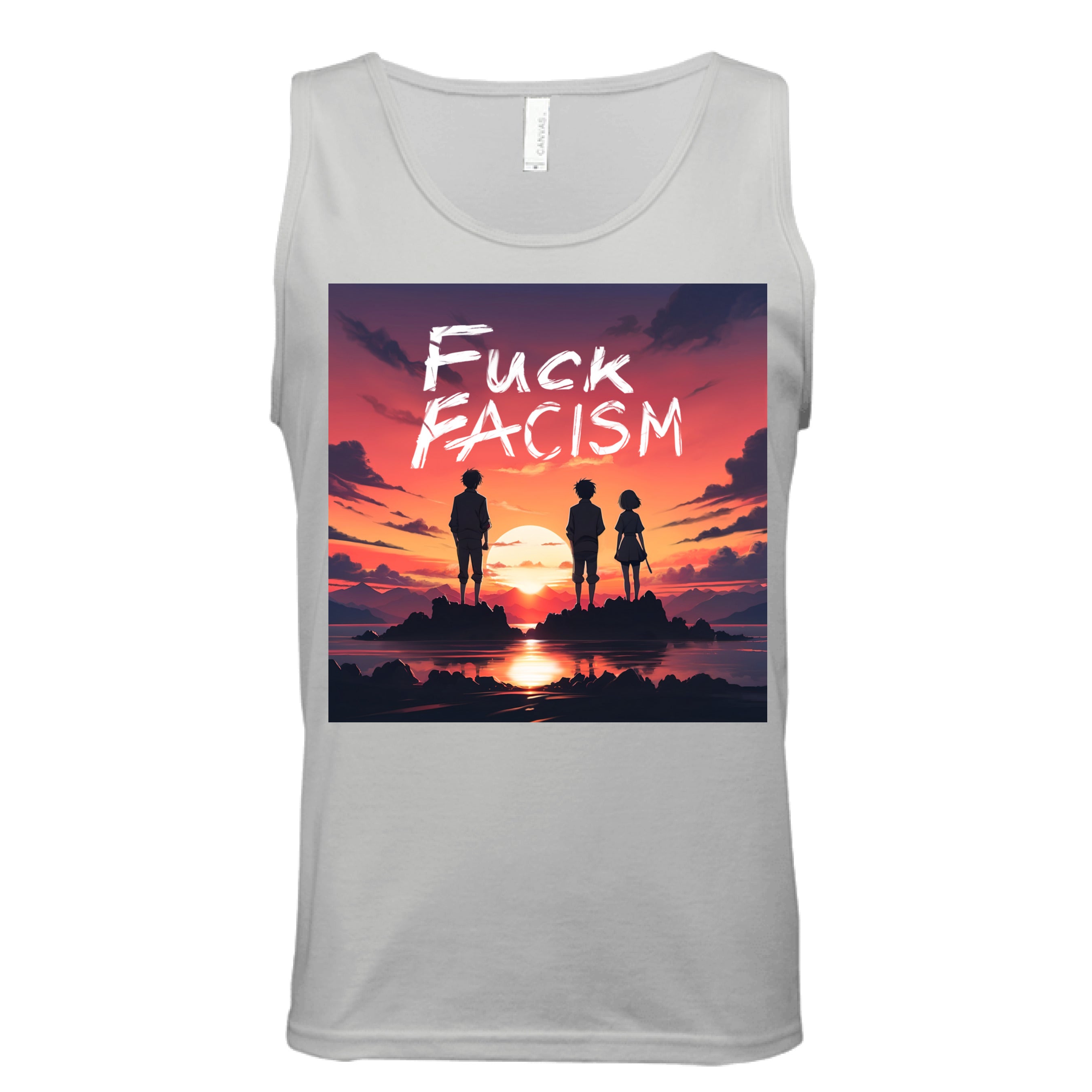 This is the Silver Fuck Fascism Tank by Lee Hansheng Studios. This is showcasing the front of the tank. The illustration has a blazing yellow/red sunset sky, three figures, two guys, one lady stand united, their silhouettes facing towards the sunset on rocky land floating in the middle of the water. The words in white, "FUCK FACISM" near the top. Clouds surrounding the right and left of the tank. The white size label can be seen from the back of the tank. It is against a white background. 