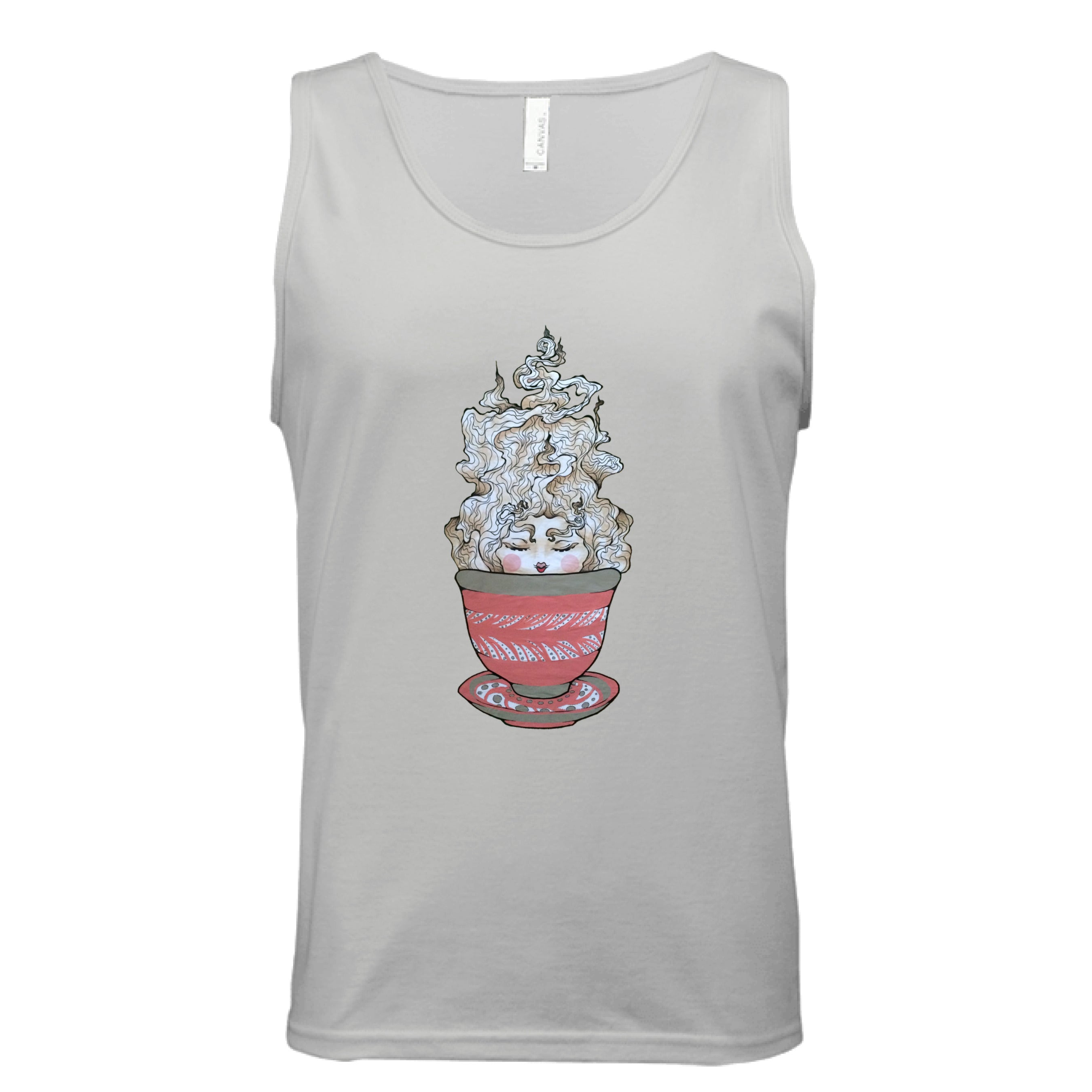 This is the Silver Green Tea Tank by Chris Foster Design. This is showcasing the front of the tank. The illustration is a tea sprite. There's a woman's face with curly hair/steam that is white and tan/beige inside an intricately designed pink/red teacup with a saucer that has white and black dashes or swirl patterns. The size label can be seen from the front and inside of tank. The tank is against a white background. 