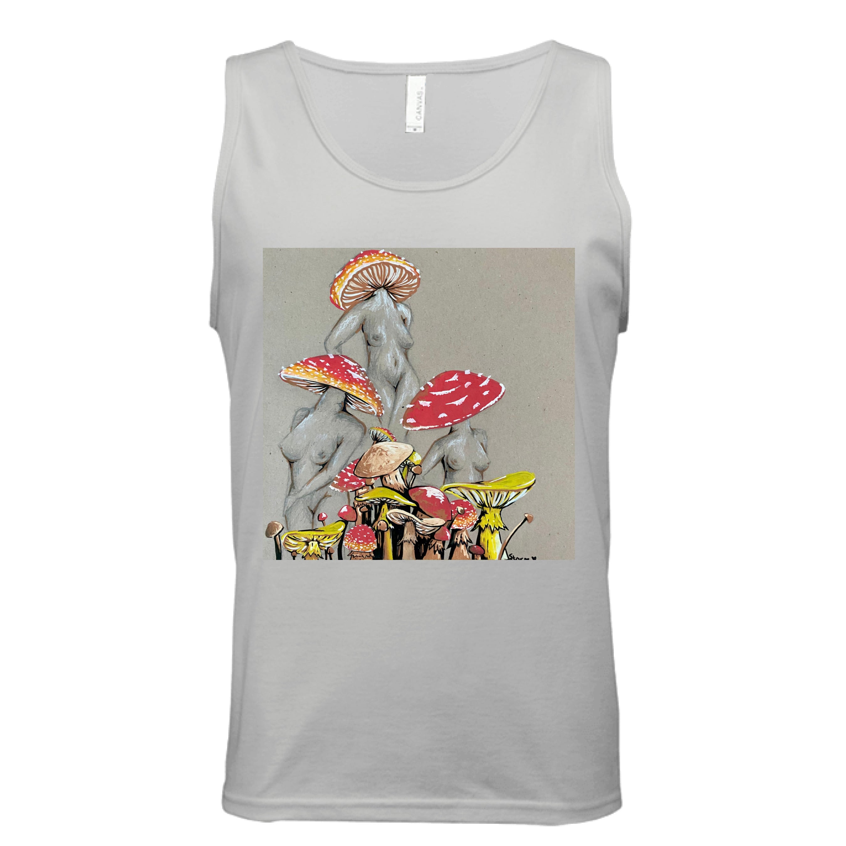 This is the Silver Miss Amanita Tank by Storm Garden Studio. This is showcasing the front. This illustration is on tan/grey background. There are three fusions of female human anatomy and mushroom fungi. Their heads are different styles of mushrooms, bodies are a gray/white outlined in brown. Below are different mushrooms and shapes with a mix of tan, red, white and yellow colors. It is against a white background.