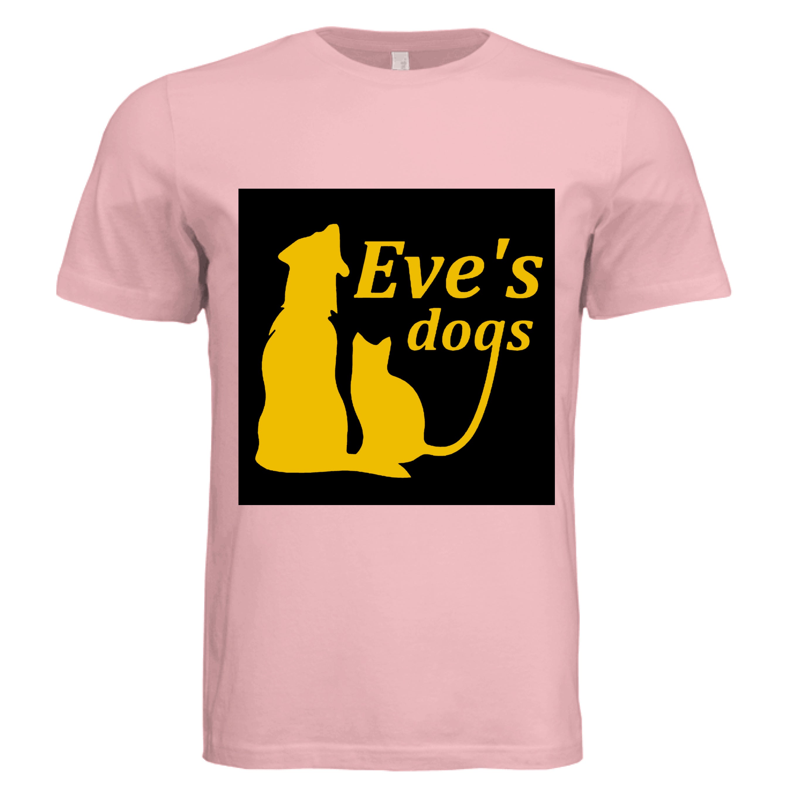 This is the Soft Pink Adopt Eve's Dogs T-Shirt to help raise awareness and adopt. This is showcasing the front of the shirt. There is an image of their logo which the background is black, yellow writing of "Eve's Dogs". The "g" connects to the tail of the cat who is sitting next to the dog. Both are yellow shadows. The white size label can be seen at the inside of the shirt. It is against a white background.