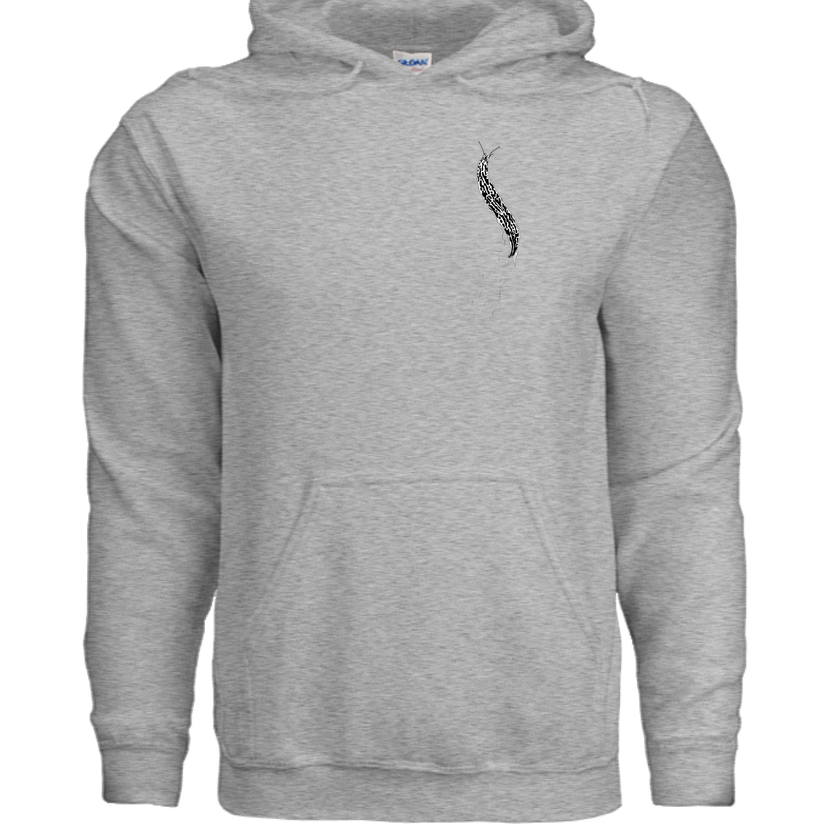 This is the Sport Grey Banana Slug Hoodie by Storm Garden Studio. This showcases the front of the hoodie. There is a banana slug in black and white on the left chest. There is a large pouch too. It is against a white background. 