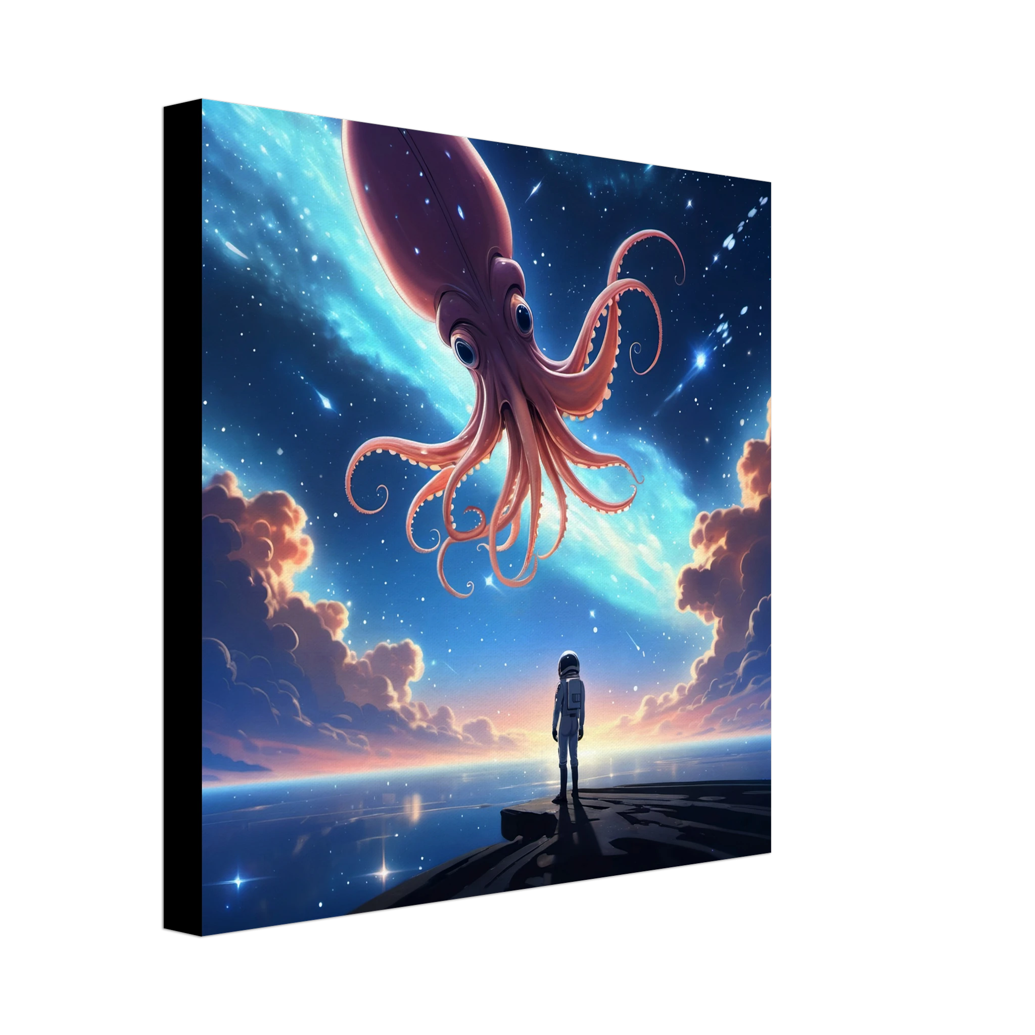 This is the 12" x 12" Star Maker Canvas Print by Lee Hansheng Studios. This is showcasing the canvas from the side to see the thickness. The illustration features a lone astronaut in white, standing on a dark surface gazing at a pink octo-squid alien, drifting through a sky. The sky is alive with stars, nebulae, and clouds. The clouds are drifting up at the right and left with pink/blue hues. The sky is a light blue and the drifting stars behind the animal is a light blue. 