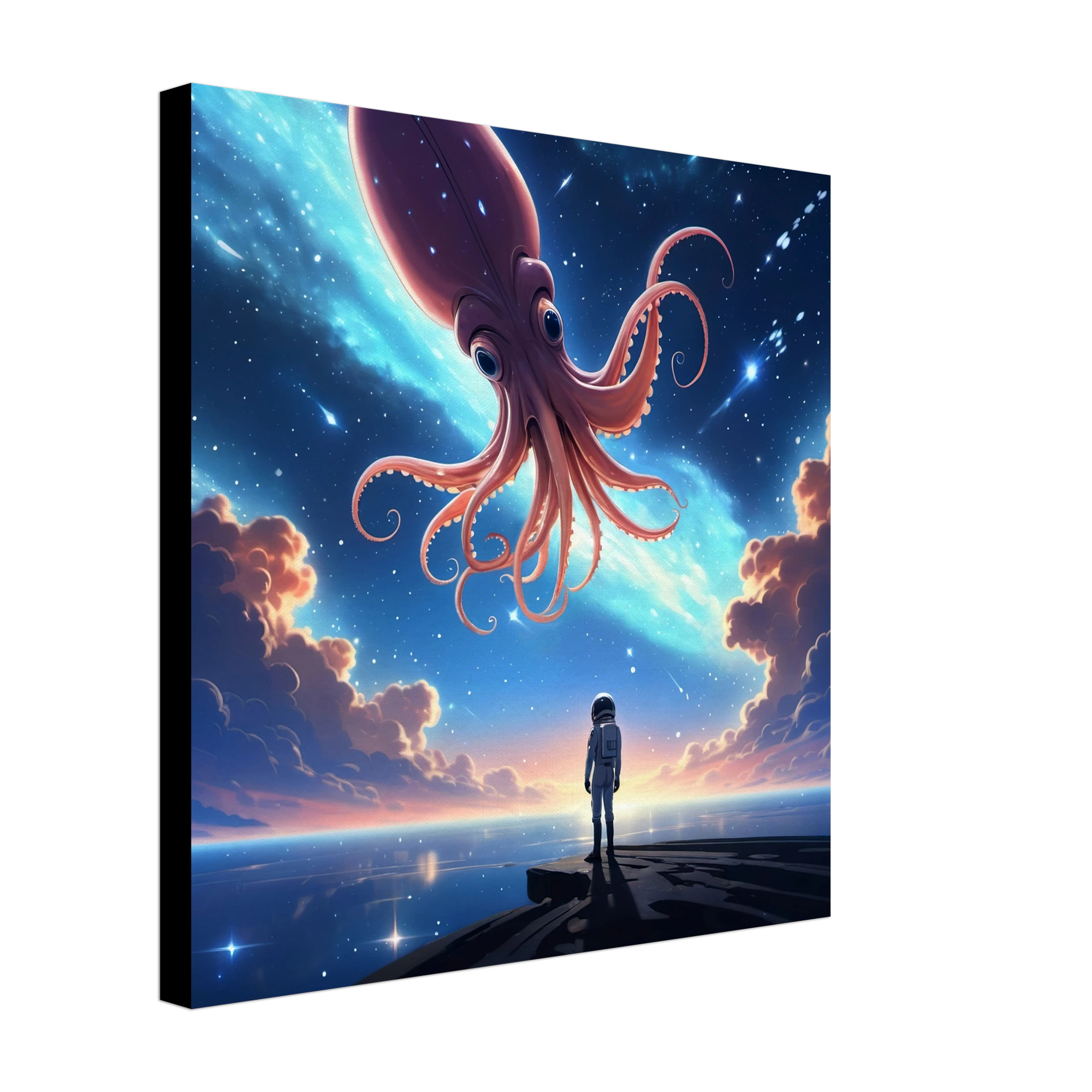 This is the 16" x 16" Star Maker Canvas Print by Lee Hansheng Studios. This is showcasing the canvas from the side to see the thickness. The illustration features a lone astronaut in white, standing on a dark surface gazing at a pink octo-squid alien, drifting through a sky. The sky is alive with stars, nebulae, and clouds. The clouds are drifting up at the right and left with pink/blue hues. The sky is a light blue and the drifting stars behind the animal is a light blue. 
