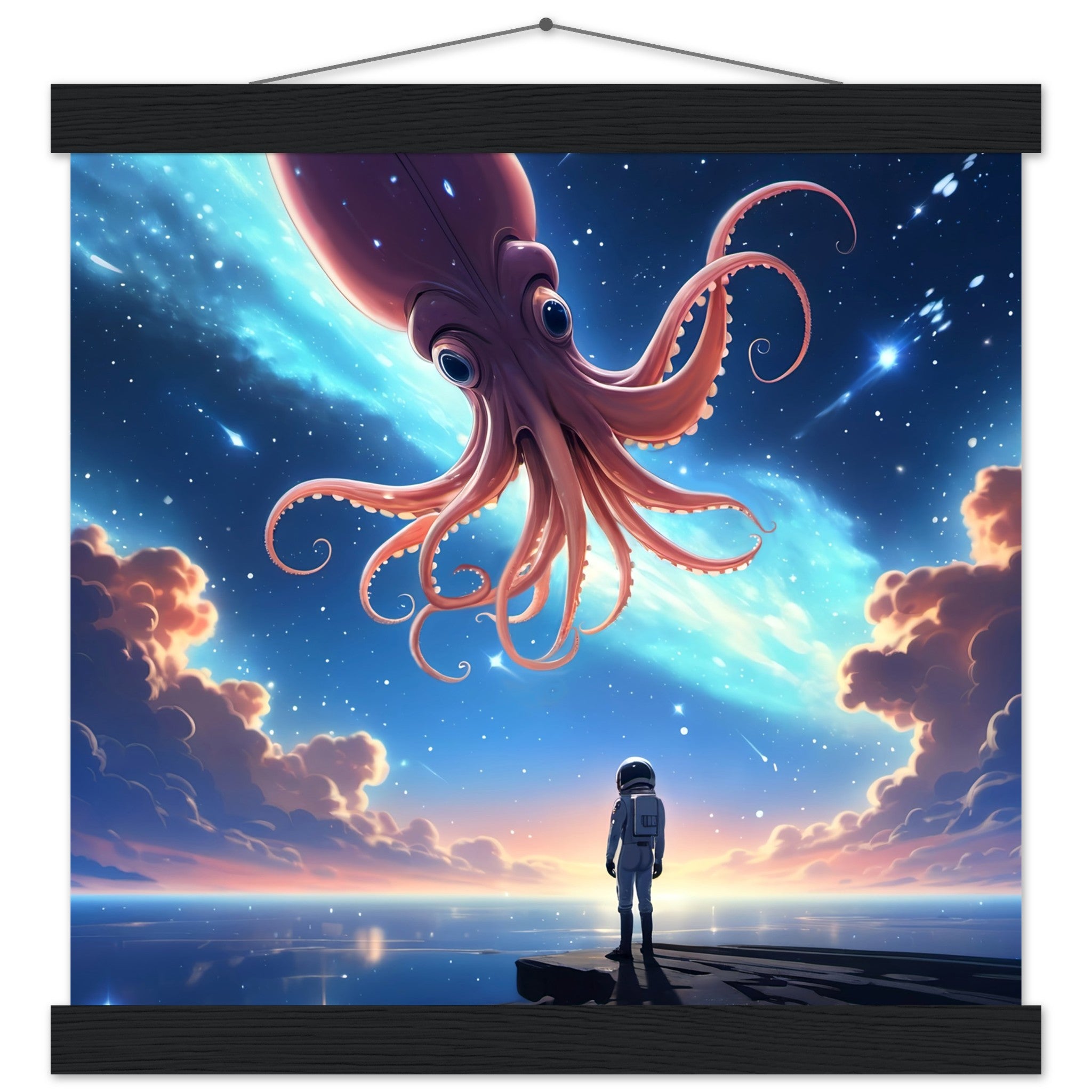 This is the Star Maker Poster with Hanger by Lee Hansheng Studios. This is showcasing the front where the hanger is on both ends, black wood on the top and bottom. The illustration features a lone astronaut in white, standing on a dark surface gazing at a pink octo-squid alien, drifting through a sky. The sky is alive with stars, nebulae, and clouds. The clouds are drifting up at the right and left with pink/blue hues. The sky is a light blue and the drifting stars behind the animal is a light blue. 