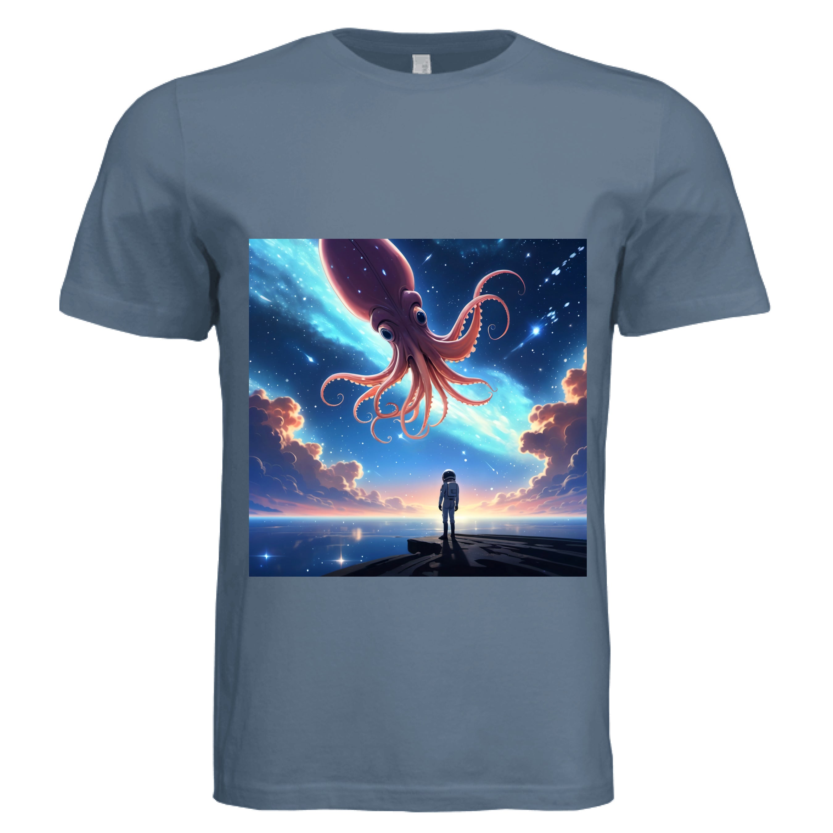 This is the Steel Blue Star Maker T-Shirt by Lee Hansheng Studios. This is showcasing the front. The illustration features a lone astronaut in white, standing on a dark surface gazing at a pink octo-squid alien, drifting through a sky. The sky is alive with stars, nebulae, and clouds. The clouds are drifting up at the right and left with pink/blue hues. The sky is a light blue and the drifting stars behind the animal is a light blue. It is against a white background. 