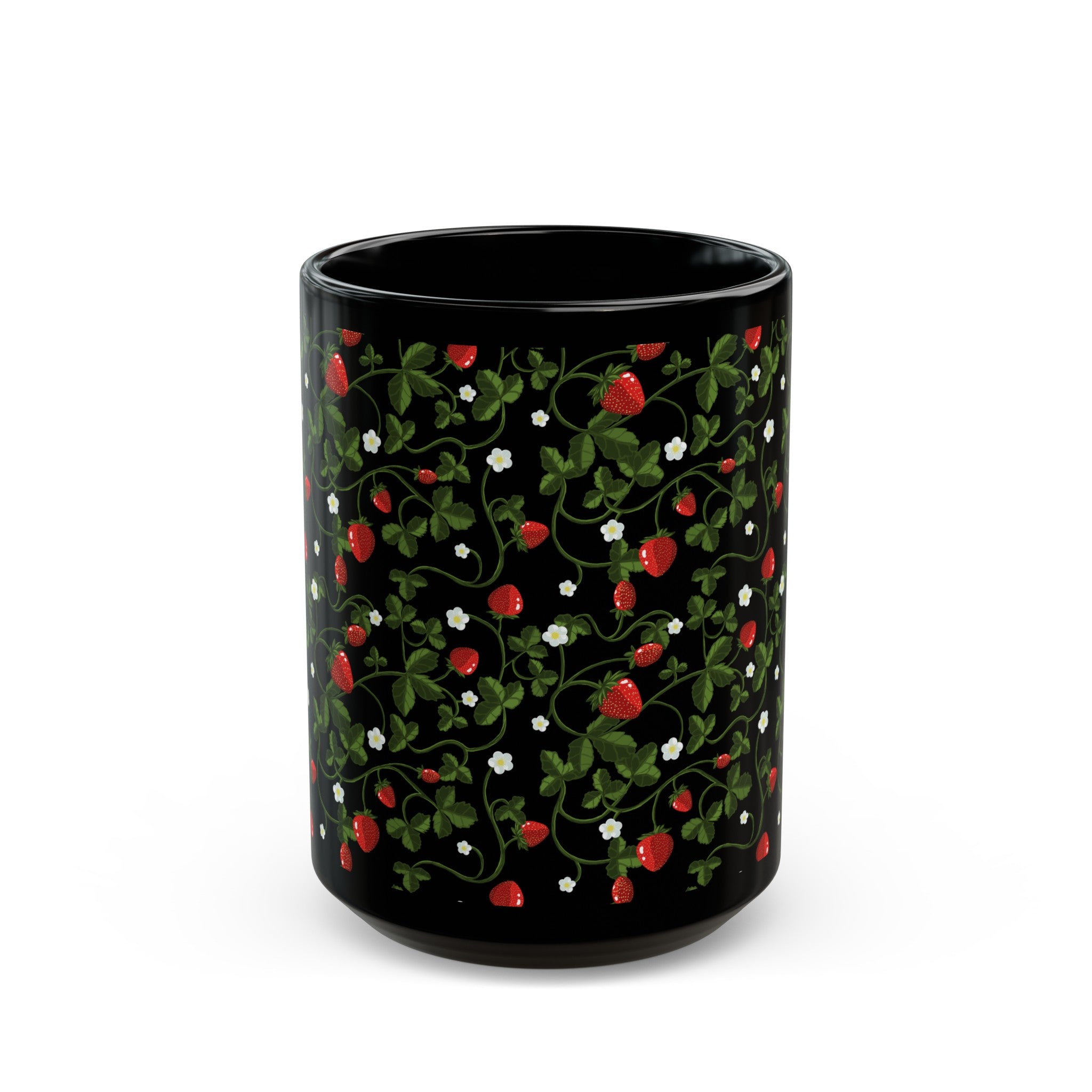 This is the 11 oz Strawberry Mug by Chris Foster Design. The image is showcased from the front. The llustration of red strawberries, white growing flowers with lush green leaves and green vining patterns that are throughout. It is against a white background. 