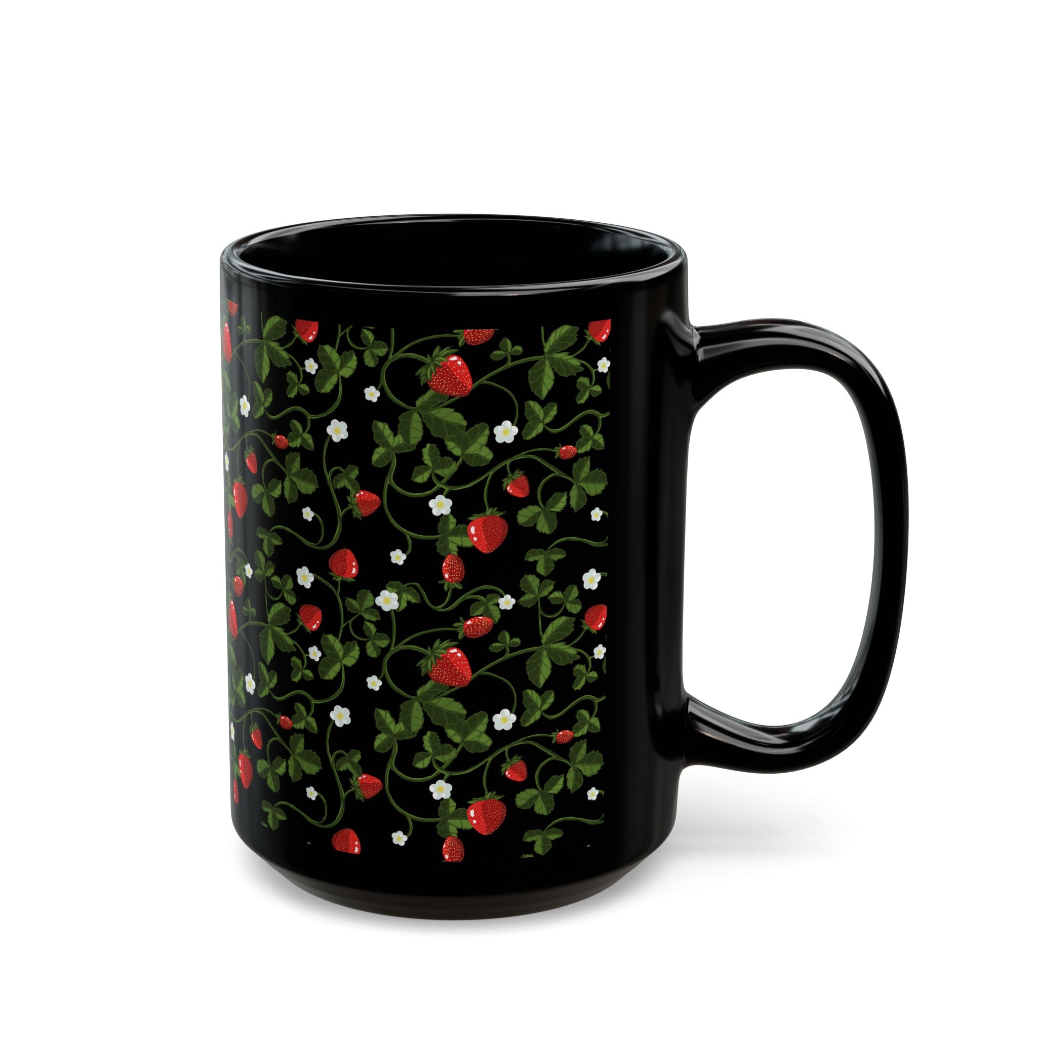 This is the 11 oz Strawberry Mug by Chris Foster Design. The image is showcased from the right. The black handle is to the right. The llustration of red strawberries, white growing flowers with lush green leaves and green vining patterns that are throughout. It is against a white background. 