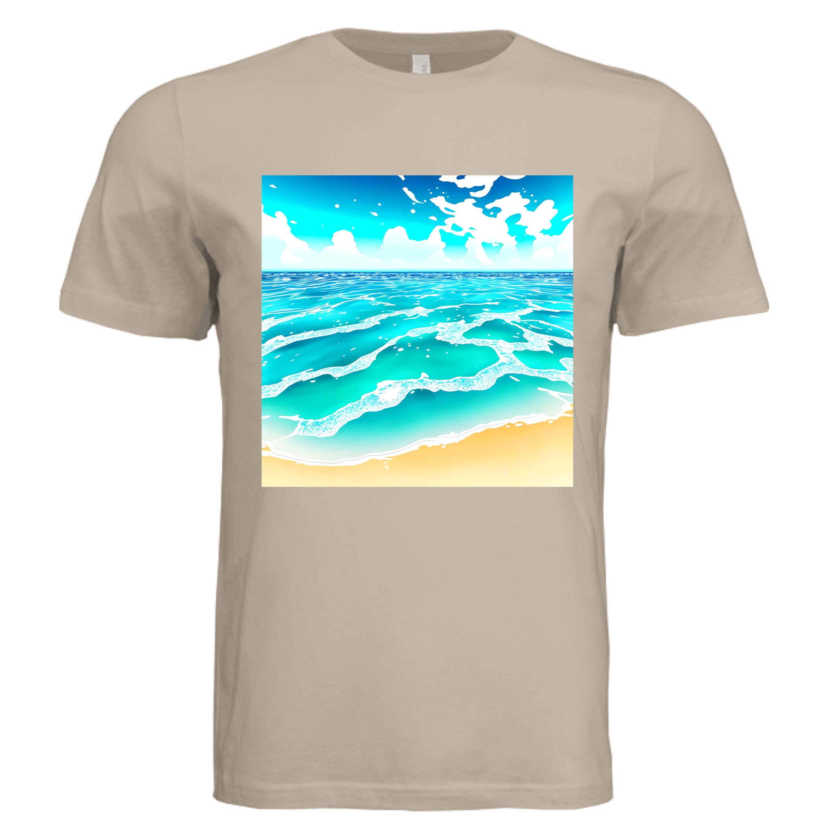 This is the Tan Beach Life T-Shirt by Lee Hansheng Studios. This showcases the front of the shirt. The squared illustration captures rolling turquoise waves, crisp white foam, and a stretch of golden sand under a brilliant blue sky that has clouds floating in the horizon. The sky is a gradient from light blue to darker blue. The shirt is against a white background. 