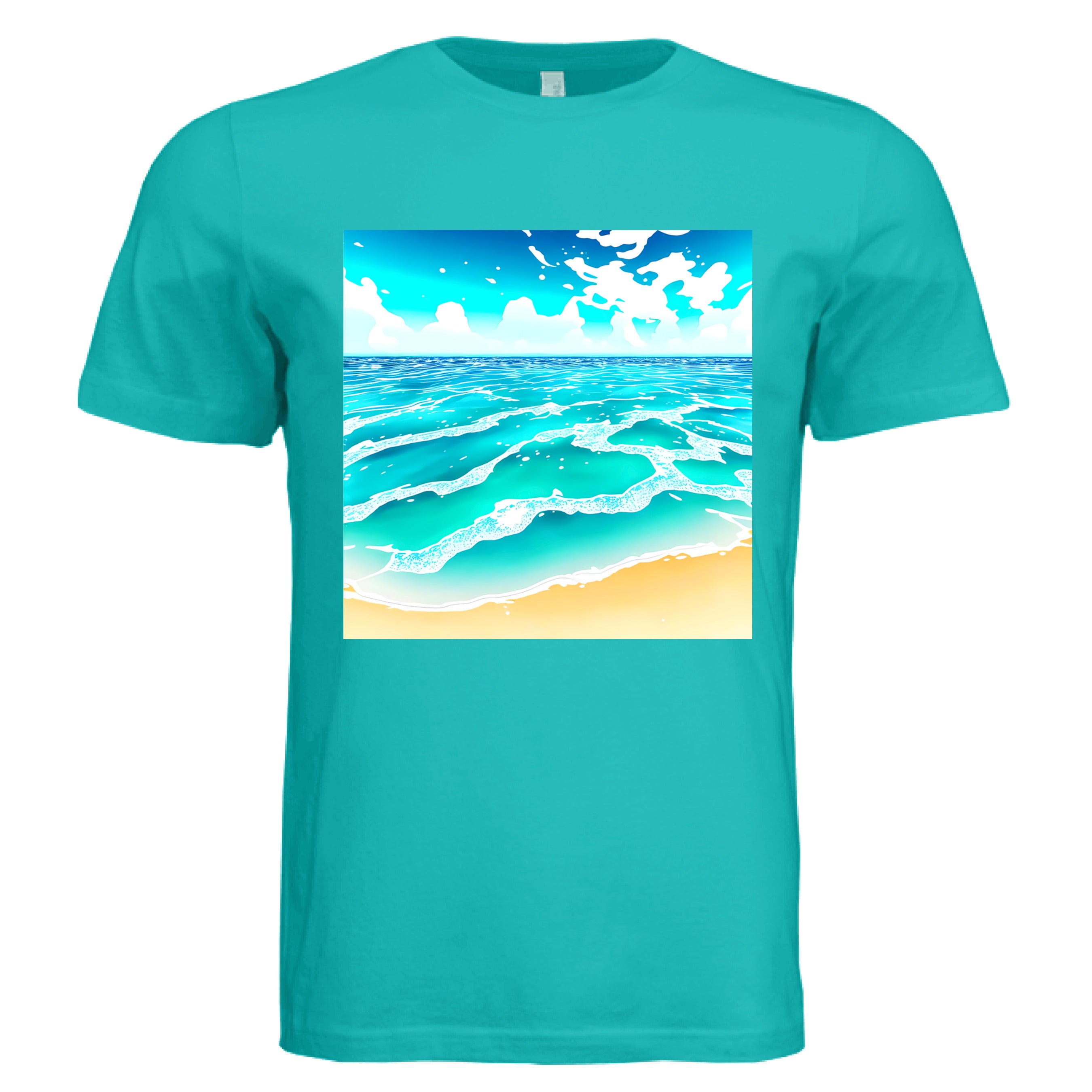 This is the Teal Beach Life T-Shirt by Lee Hansheng Studios. This showcases the front of the shirt. The squared illustration captures rolling turquoise waves, crisp white foam, and a stretch of golden sand under a brilliant blue sky that has clouds floating in the horizon. The sky is a gradient from light blue to darker blue. The shirt is against a white background. 