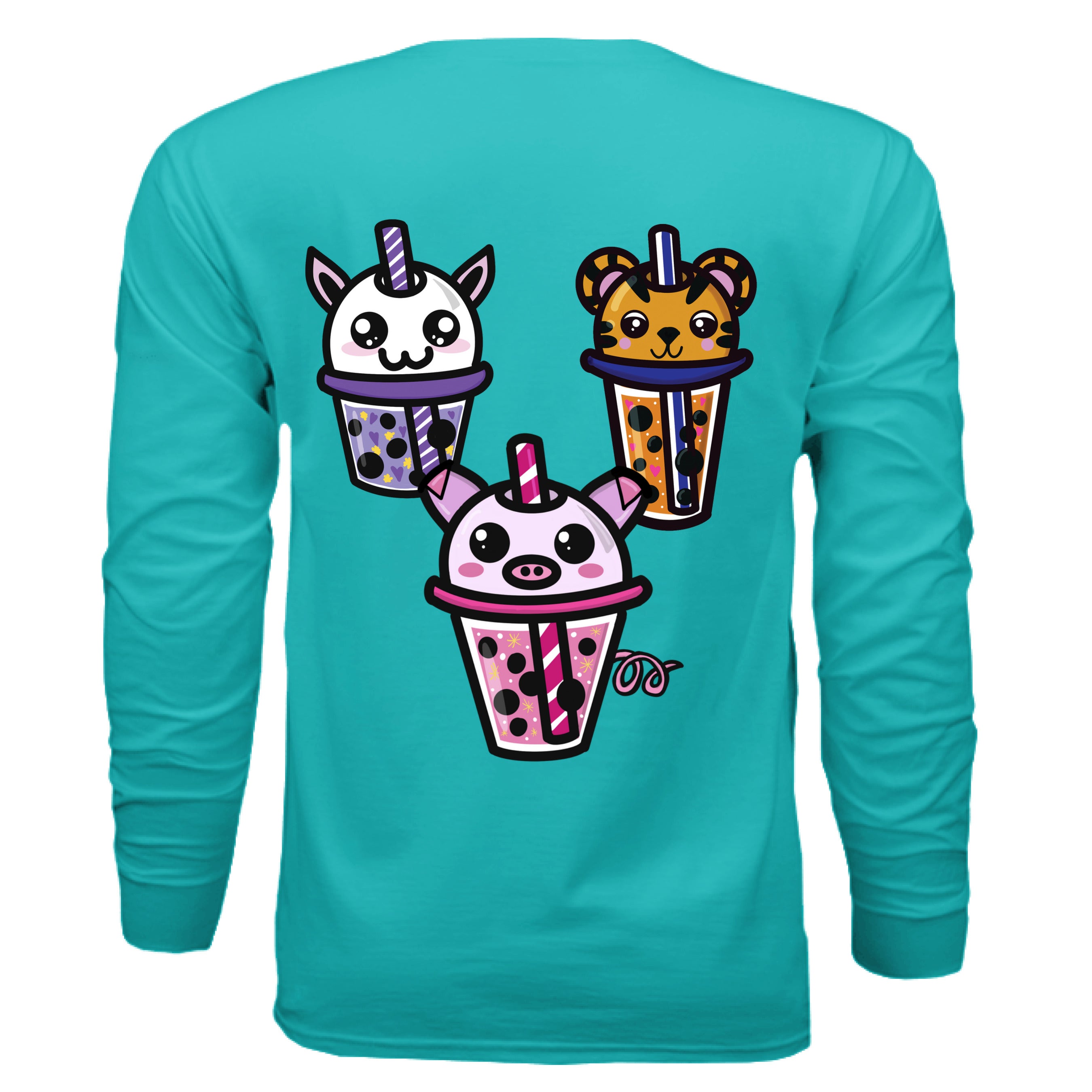 This is the Teal Boba Friends Long Sleeve by Dazzle & Daggers Design. This is showcasing the back that features three kawaii designs in a triangle.The Piggy Boba is pink all over and the glass has pink liquid, boba, yellow sparkles,white dots and peppermint swirl like. Thai Tea Tiger is orange, orange liquid, black boba, white dots, red hearts, blue and white striped straw. The Cryptid Boba is white, purple and white swirl straw, purple liquid, black boba, yellow stars and purple hearts.