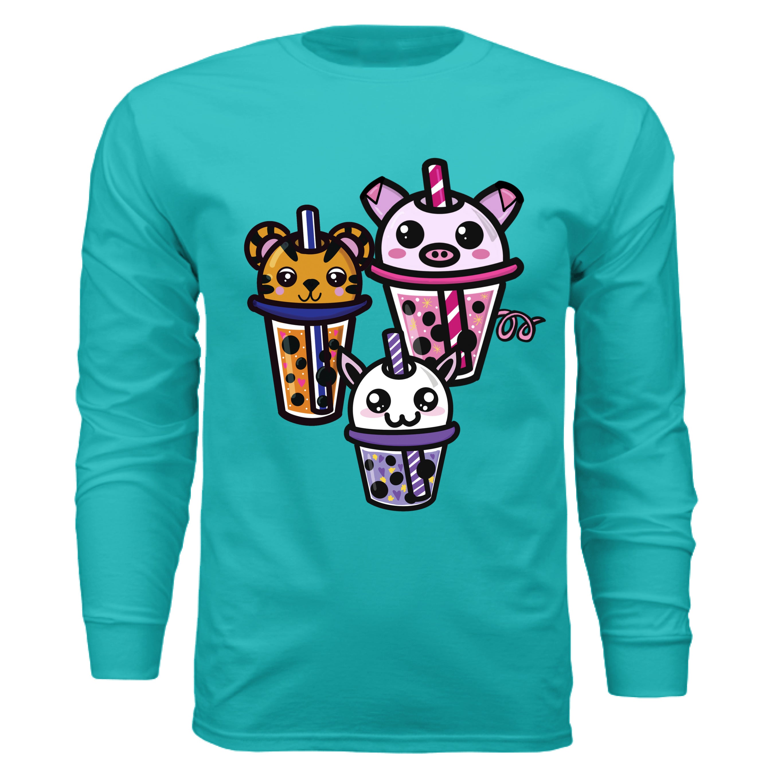 This is the Teal Boba Friends Long Sleeve by Dazzle & Daggers Design. This is showcasing the front the pig is the biggest, then Tiger then Cryptid. The Piggy Boba is pink all over and the glass has pink liquid, boba, yellow sparkles,white dots and peppermint swirl like. Thai Tea Tiger is orange, orange liquid, black boba, white dots, red hearts, blue and white striped straw. The Cryptid Boba is white, purple and white swirl straw, purple liquid, black boba, yellow stars and purple hearts.