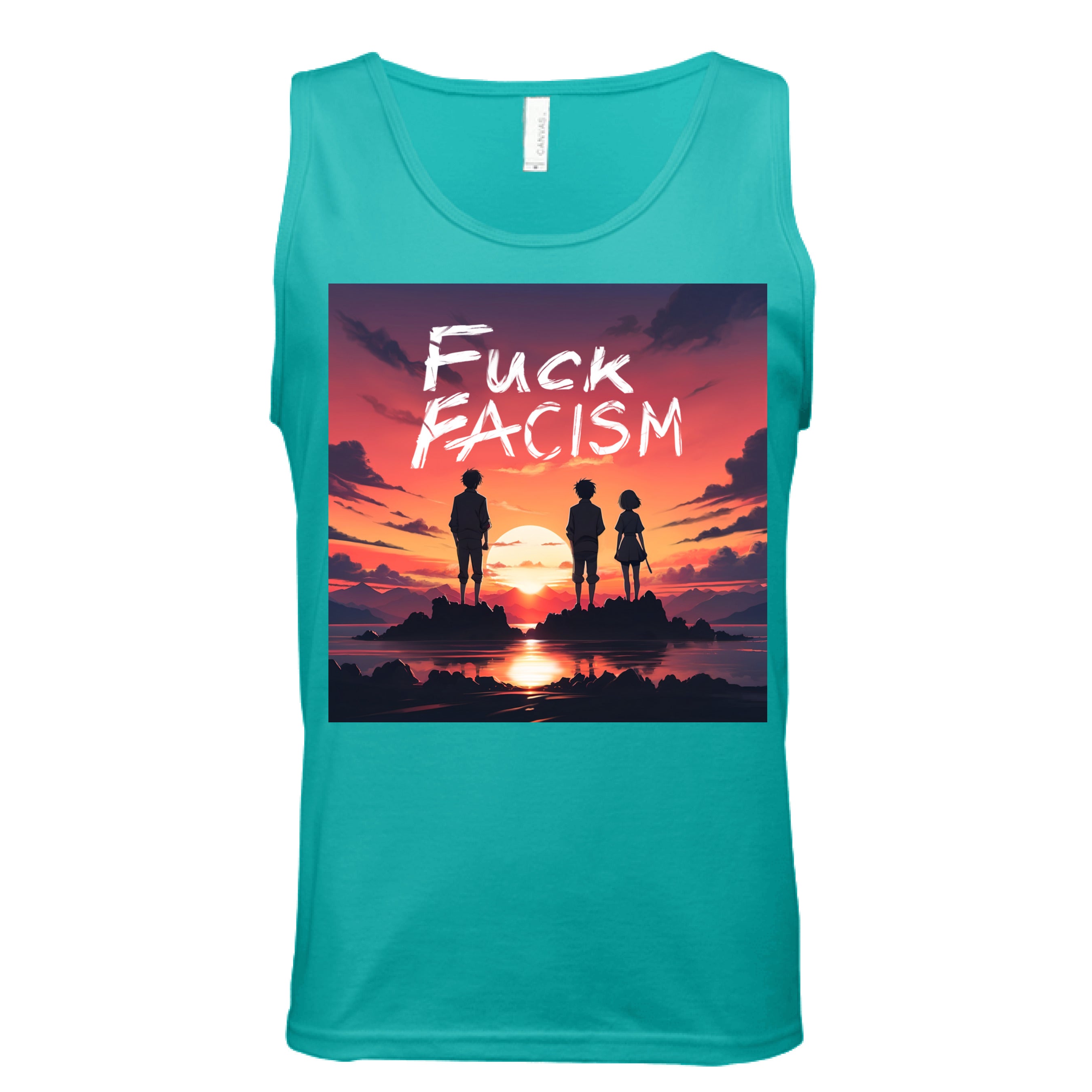 This is the Teal Fuck Fascism Tank by Lee Hansheng Studios. This is showcasing the front of the tank. The illustration has a blazing yellow/red sunset sky, three figures, two guys, one lady stand united, their silhouettes facing towards the sunset on rocky land floating in the middle of the water. The words in white, "FUCK FACISM" near the top. Clouds surrounding the right and left of the tank. The white size label can be seen from the back of the tank. It is against a white background. 