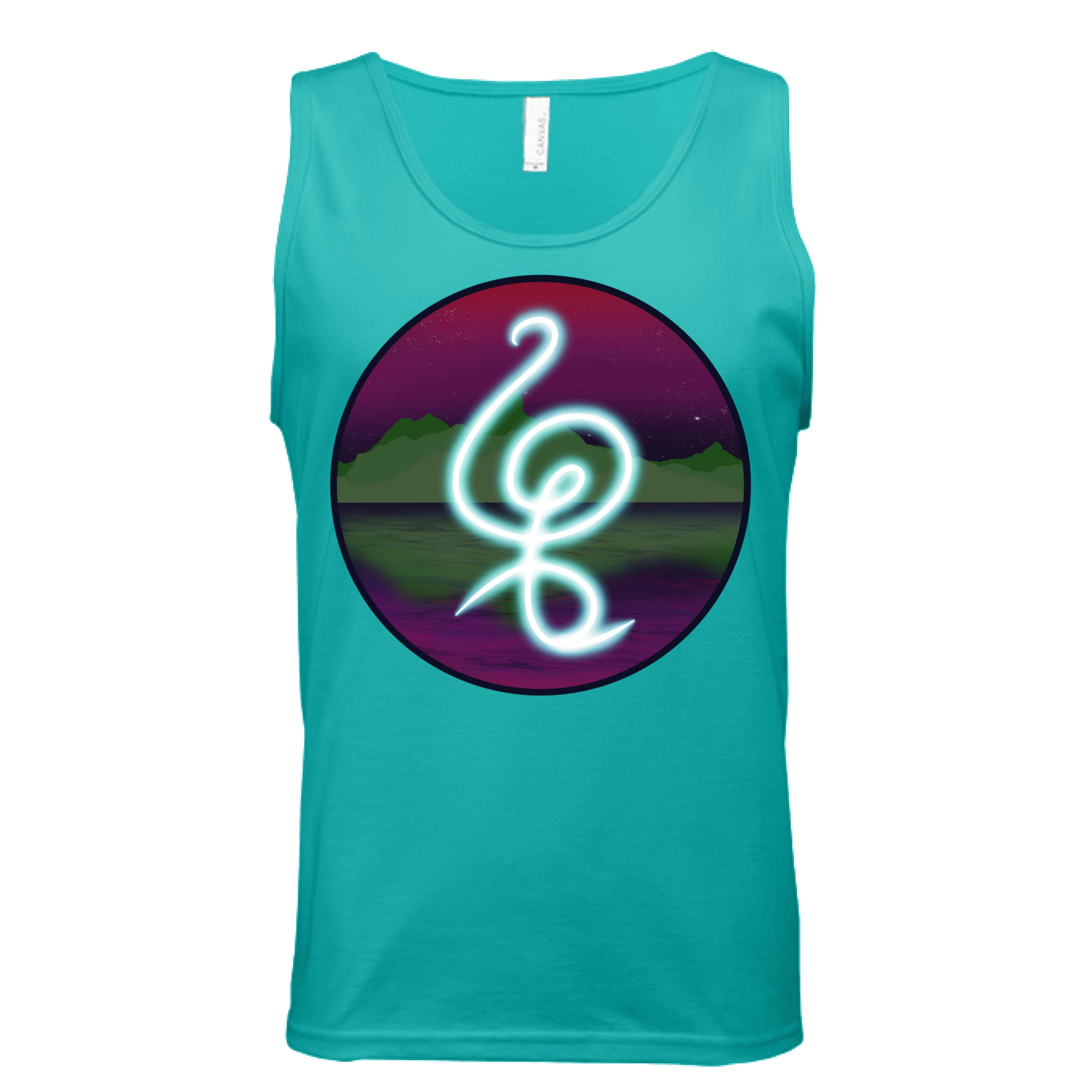 This is the Teal Hakuna Matata Tank by Lee Hansheng Studios. This is showcasing the front. The illustration is circular and has a glowing, freeform symbol in luminous turquoise against a cosmic horizon of deep purples and greens with twinkling yellow stars. White size label can be seen from inside. It is against a white background.  