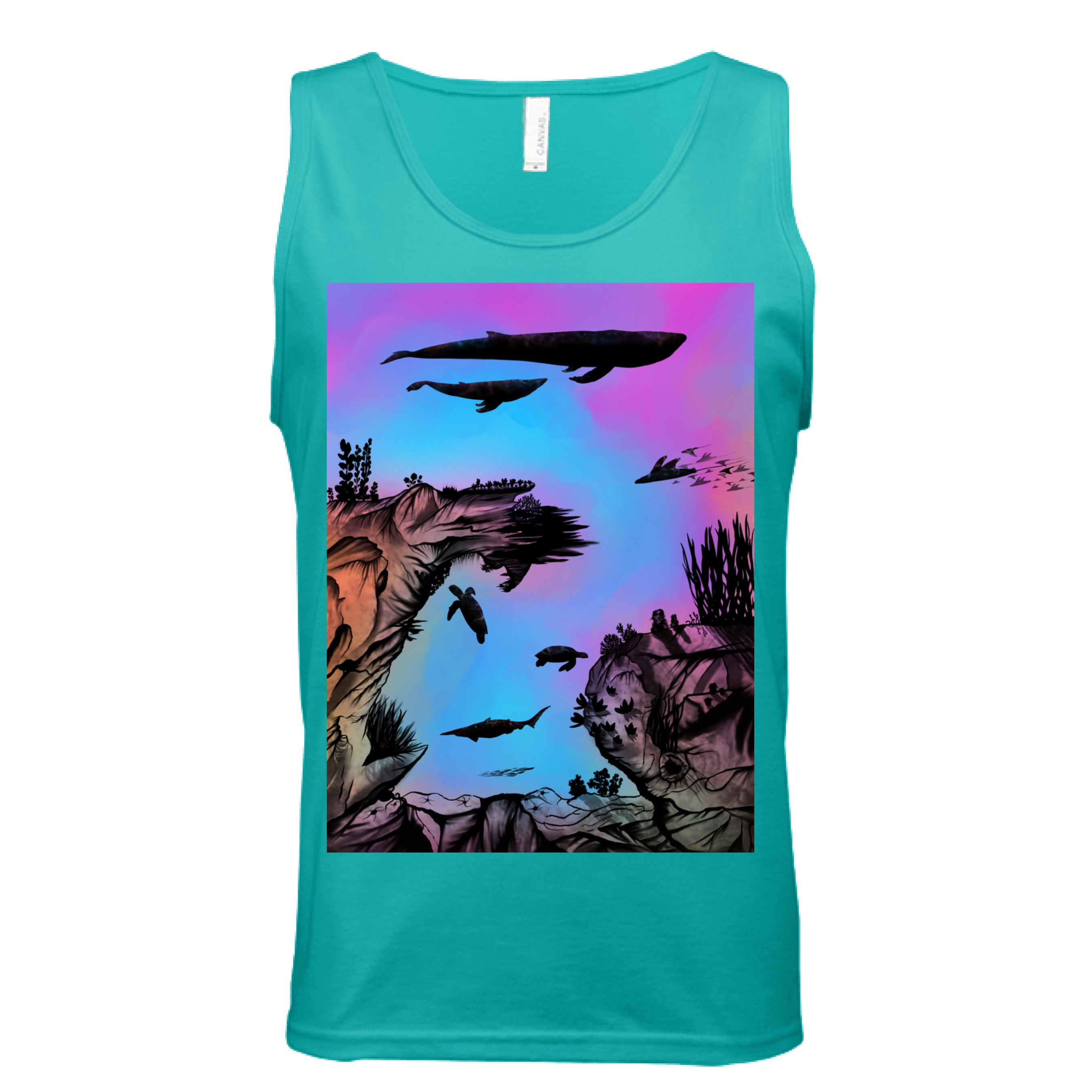 This is the Teal Into the Abyss Tank by Lee Hansheng Studios. This is showcasing the front. The illustration is of an otherworldly underwater world alive with graceful black silhouettes drifting against a luminous gradient of blues, purples, and warm tones throughout the water. To the left, right and bottom are sediment, rocks, seaweed throughout. The top has a humpback whale, another whale, below are a pool of mantis rays, two sea turtles, sea of fish. The white size label can be seen.