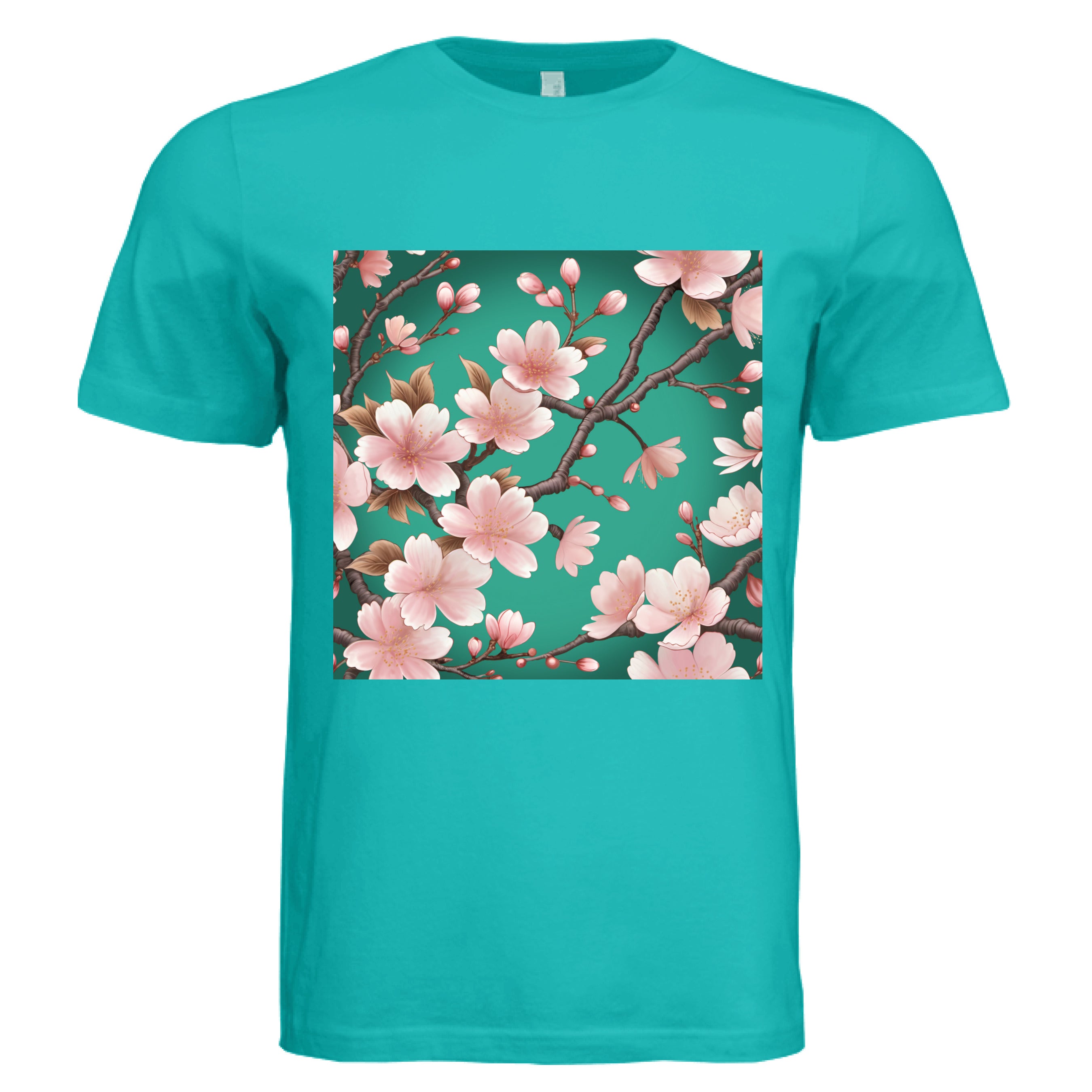 This is the Teal Sakura T-Shirt by Lee Hansheng Studios. This is showcasing the front of the shirt. The illustration has a vibrant green background with soft pink cherry blossom blooms of petals on dark brown/grey branches celebrating hanami season. There are fully bloomed flowers and some buds throughout. The white size tag can be seen from the back. The image is from the chest to above the belly button. It is against a white background. 