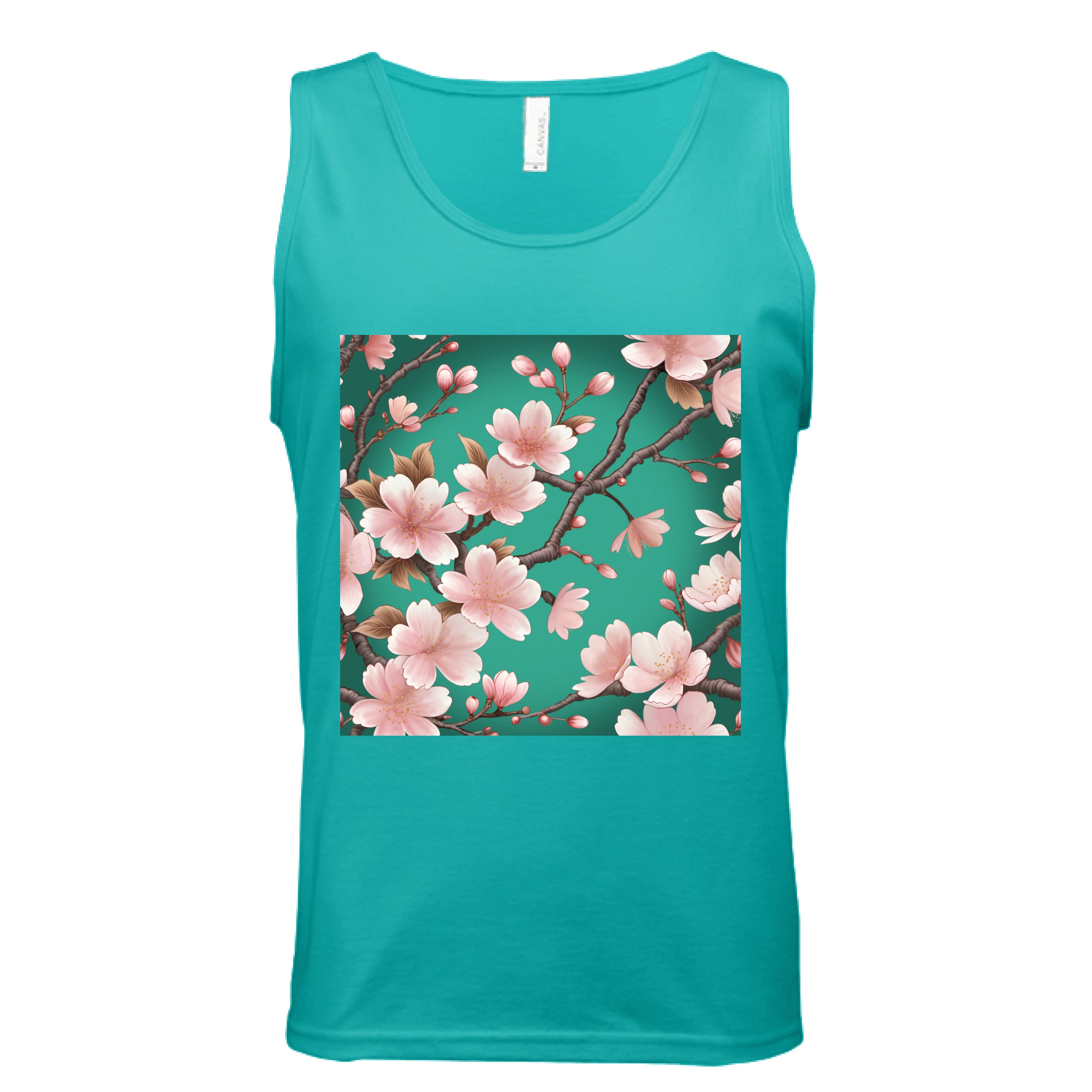 This is the Teal Sakura Tank by Lee Hansheng Studios. This is showcasing the front of the tank. The illustration has a vibrant green background with soft pink cherry blossom blooms of petals on dark brown/grey branches celebrating hanami season. There are fully bloomed flowers and some buds throughout. The white size tag can be seen from the back. The image is from the chest to belly button. It is against a white background. 