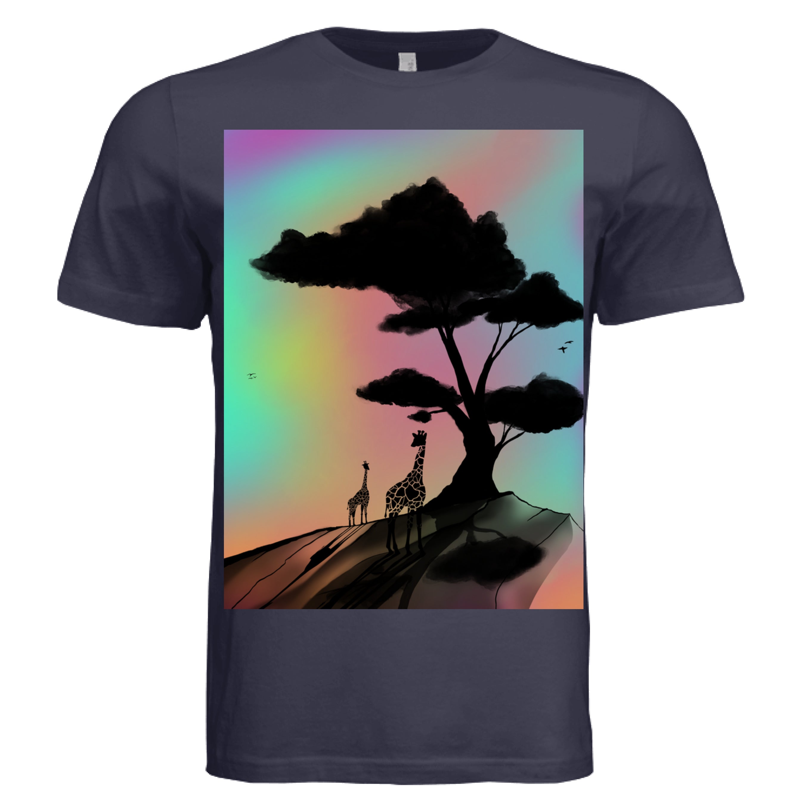 This is the Team Navy At A Glance T-Shirt by Lee Hansheng Studios. This is showcasing the front of the shirt. The illustration is a sillouhette of a large tree, two giraffes on a rocky hill. In the background are hues and gradients of green, yellow, purple, and red. The giraffes are looking towards to each other. It is against a white background.