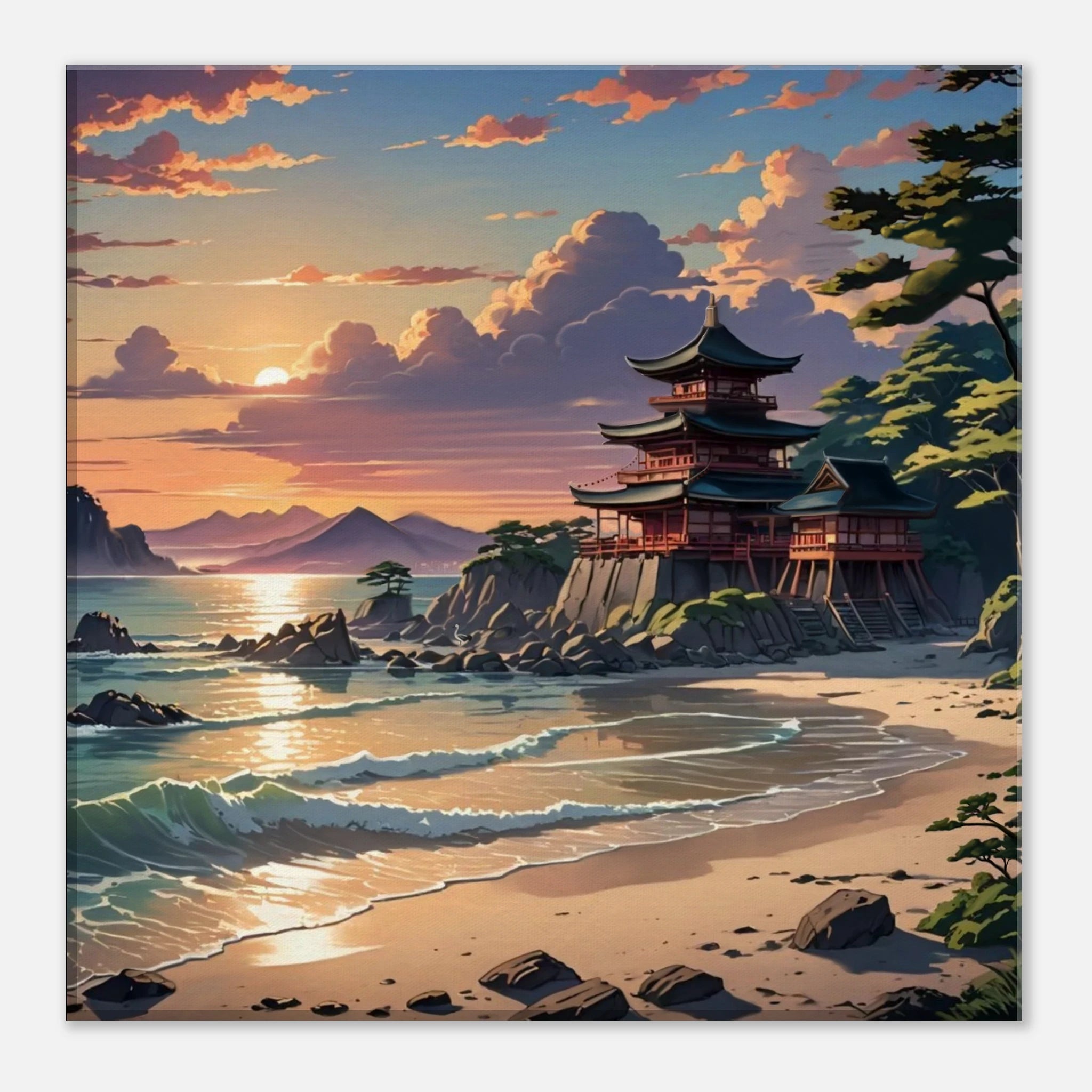 This is the 12" x 12" Temple of Peace Canvas Print by Lee Hansheng Studios.The illustration in the forefront are crashing light blue, white waves hitting the tan beach, scattered rocks lining the beach to the right where trees are peaking out. In the back is a temple on rocky land that is red with green/black tops. In the background are more mountains and fluffy clouds with the sun rising. The sky is mixed with blue, yellow and red colors. It is against a white background. 