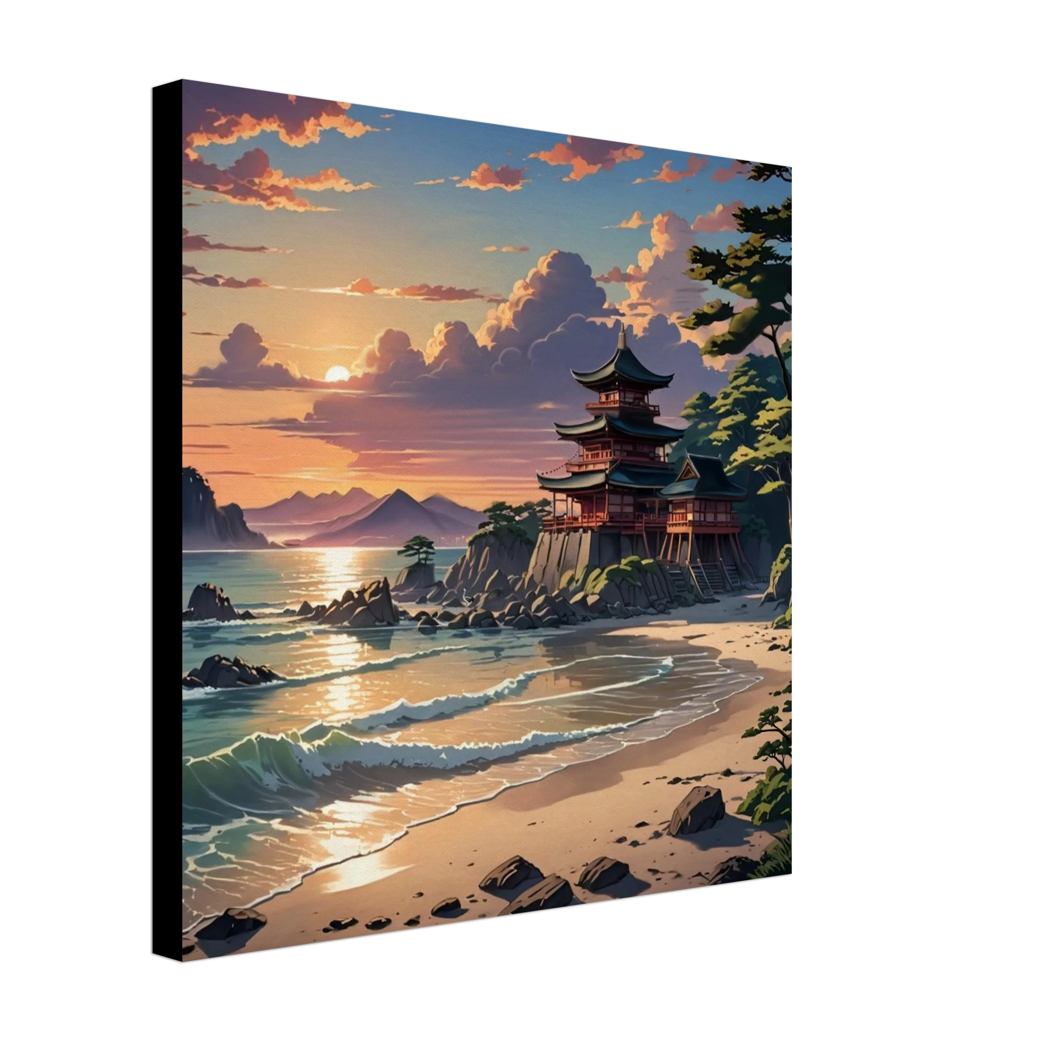This is the 12" x 12" Temple of Peace Canvas Print by Lee Hansheng Studios showcasing the side.The illustration in the forefront are crashing light blue, white waves hitting the tan beach, scattered rocks lining the beach to the right where trees are peaking out. In the back is a temple on rocky land that is red with green/black tops. In the background are more mountains and fluffy clouds with the sun rising. The sky is mixed with blue, yellow and red colors. It is against a white background. 