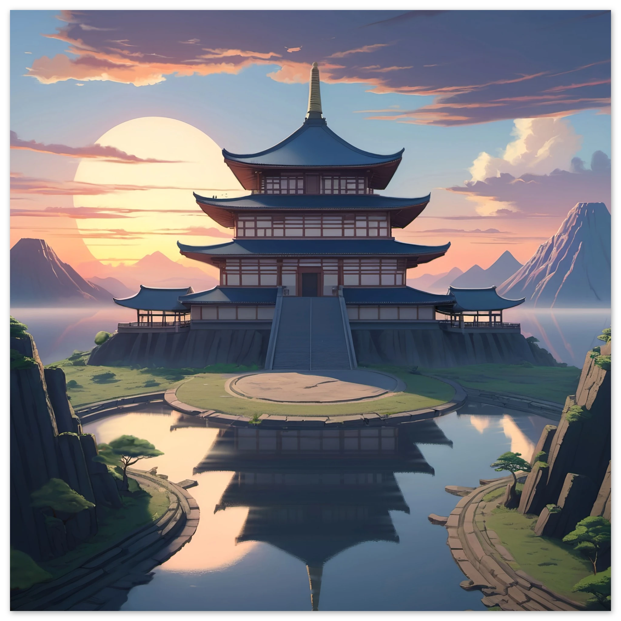 This is the 10" x 10" Temple of Solace Print by Lee Hansheng Studios. The illustration shows a grand temple with white walls, brown frames, blue roofs rises above still waters, its reflection perfectly mirrored in the lake as a soft sunset bathes the scene in gentle hues of peach, pink, and blue. Surrounded by mountains and vast skies in the background. 
