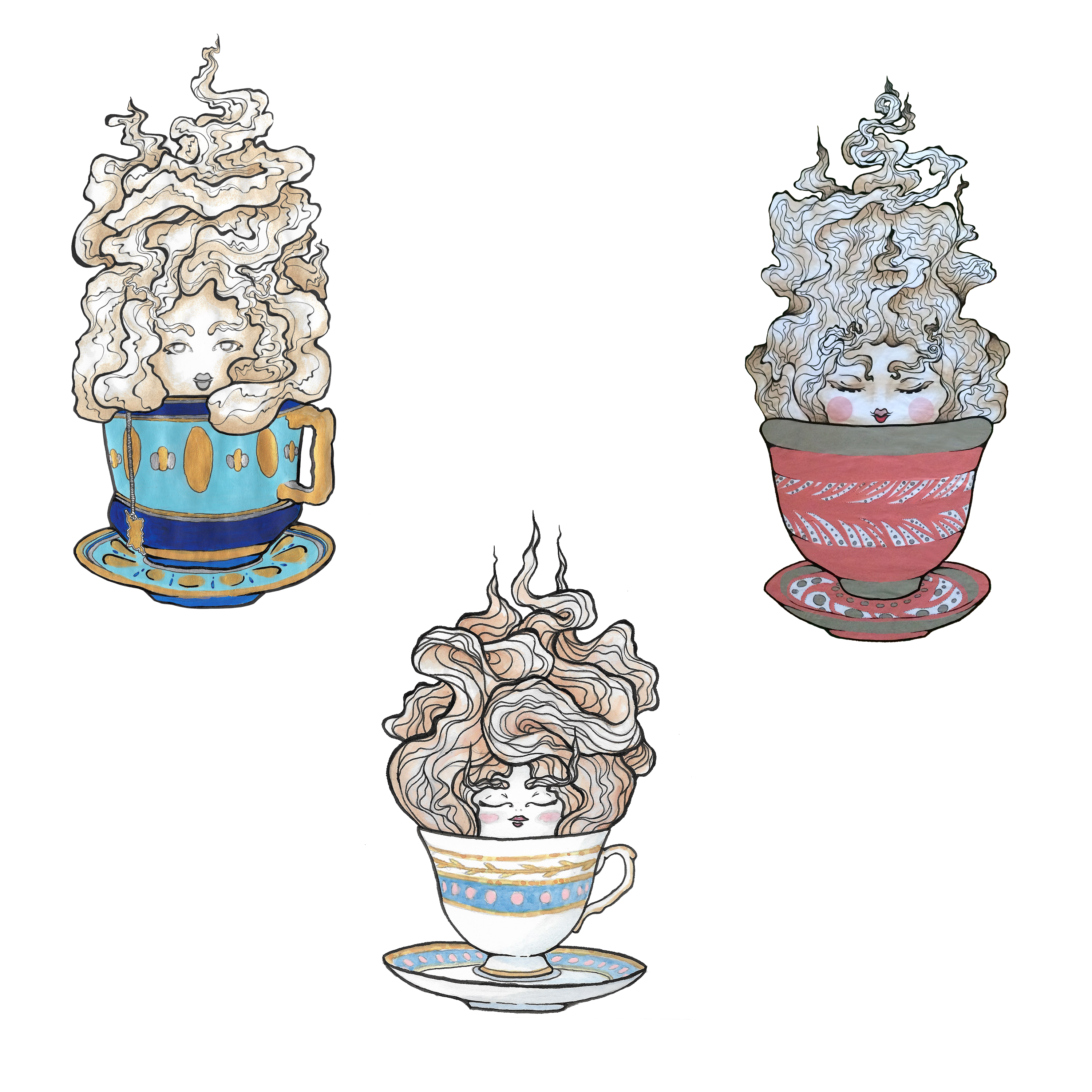 This is the Three Tea Sprites by Chris Foster Design. It showcases three illustrated and intricately design teacups and saucers with faces. The colors are blue, gold, red, black and white. They each have a different style of wavy hair in white, tan/beige on a white background.