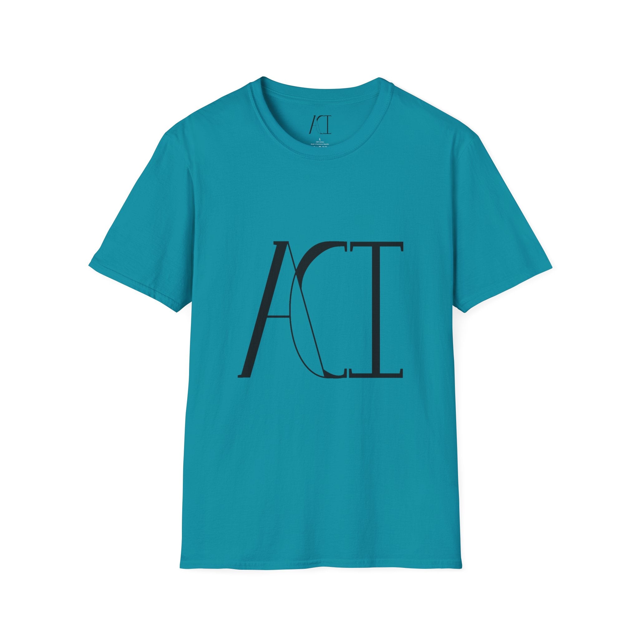 This is the Tropical Blue ACI T-Shirt that shows an image of the front. The size label and ACI logo printed on the inside of the shirt. The size label print is white whereas the logo is black. The middle of the shirt has a large printed ACI logo in black. The rest of the shirt is the same color that was specified.