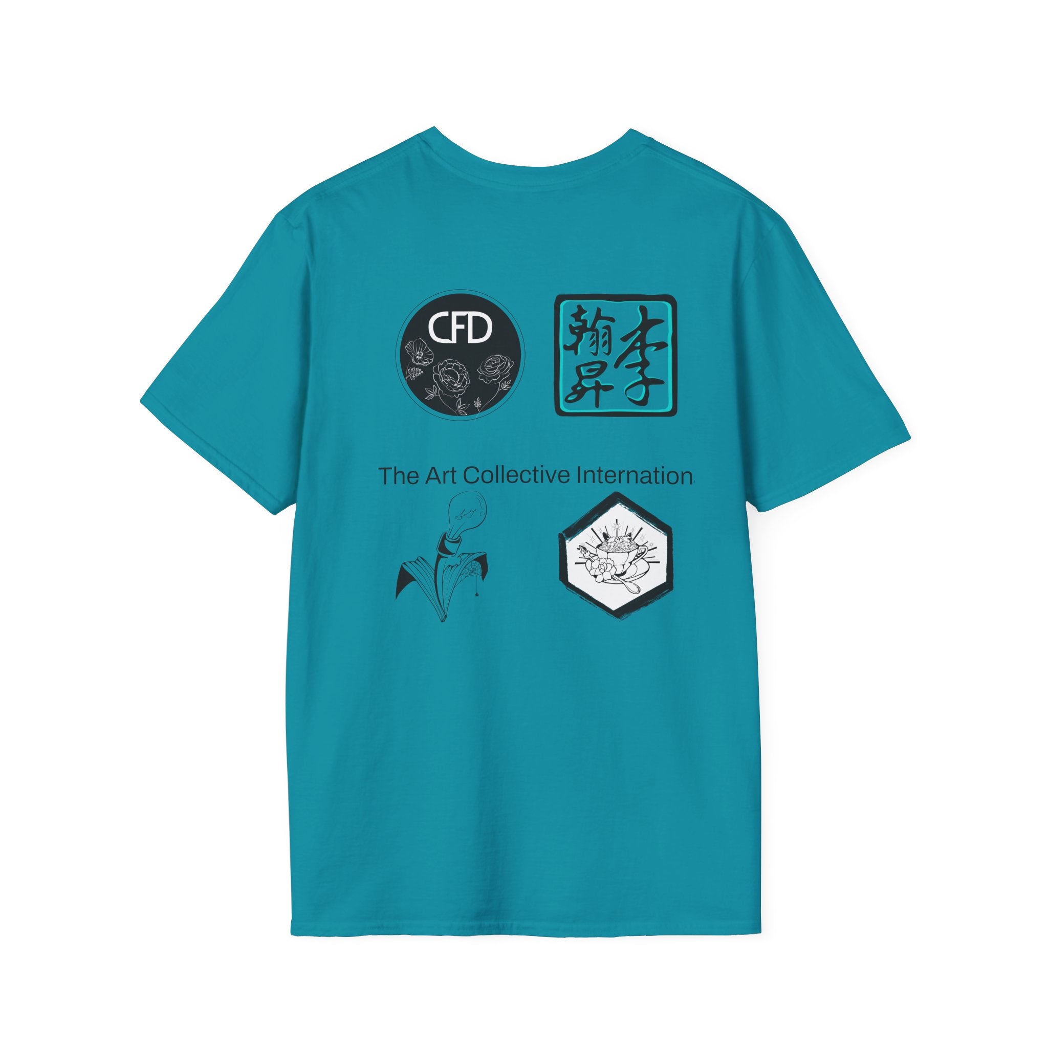 This is a Tropical Blue ACI T-Shirt showcasing the back of it. There are the four studios' logos. The logos are printed in mostly black and white. There is one logo that is outlined in a bright blue. There are two logos then print and then two other logos located on the upper part of the shirt. In between the logos, printed in black is "The Art Collective International". 