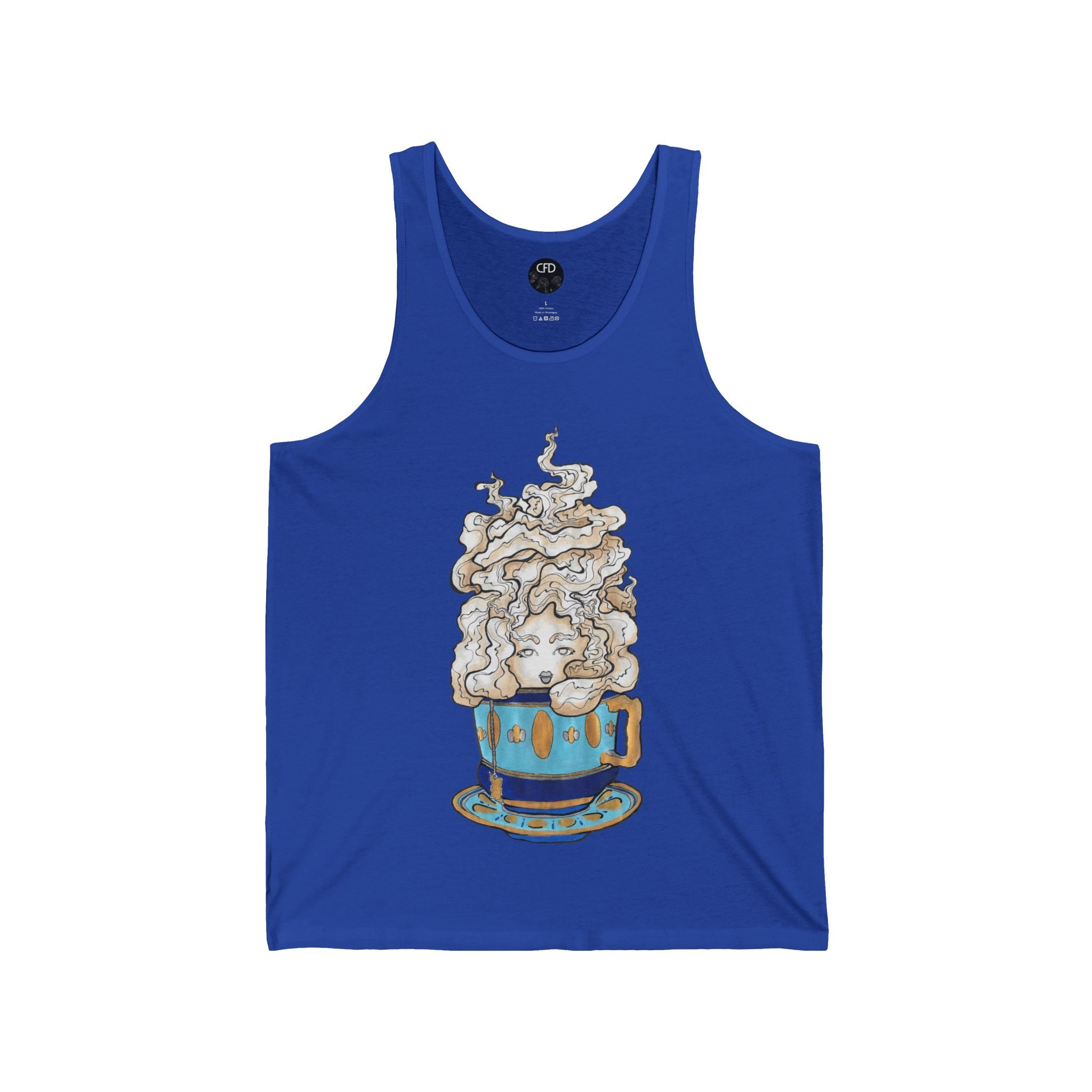 This is the True Royal Earl Grey Tank by Chris Foster Design. This showcases the front of the tank. The illustration is of a gold, light blue and dark blue teacup with a tan, yellow and white steam. The steam is swirly and goes up and outwards. In the middle is a lady's face. The circular studio logo is on the inside of the tank printed in white, the size label is printed in white. It is against a white background.