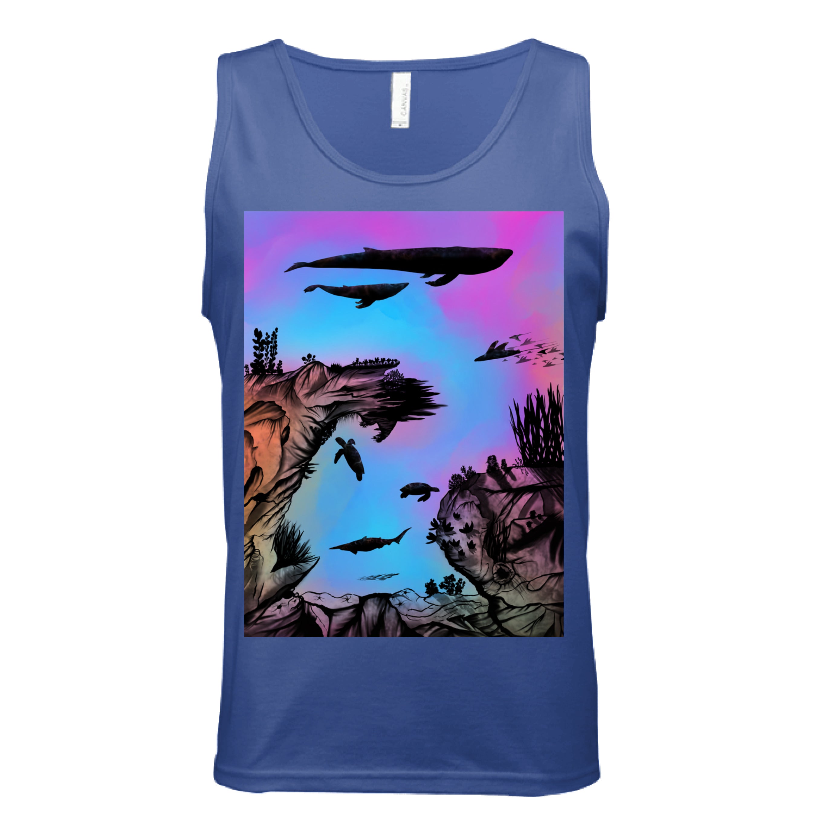 This is the True Royal Into the Abyss Tank by Lee Hansheng Studios. This is showcasing the front. The illustration is of an otherworldly underwater world alive with graceful black silhouettes drifting against a luminous gradient of blues, purples, and warm tones throughout the water. To the left, right and bottom are sediment, rocks, seaweed throughout. The top has a humpback whale, another whale, below are a pool of mantis rays, two sea turtles, sea of fish. The white size label can be seen.