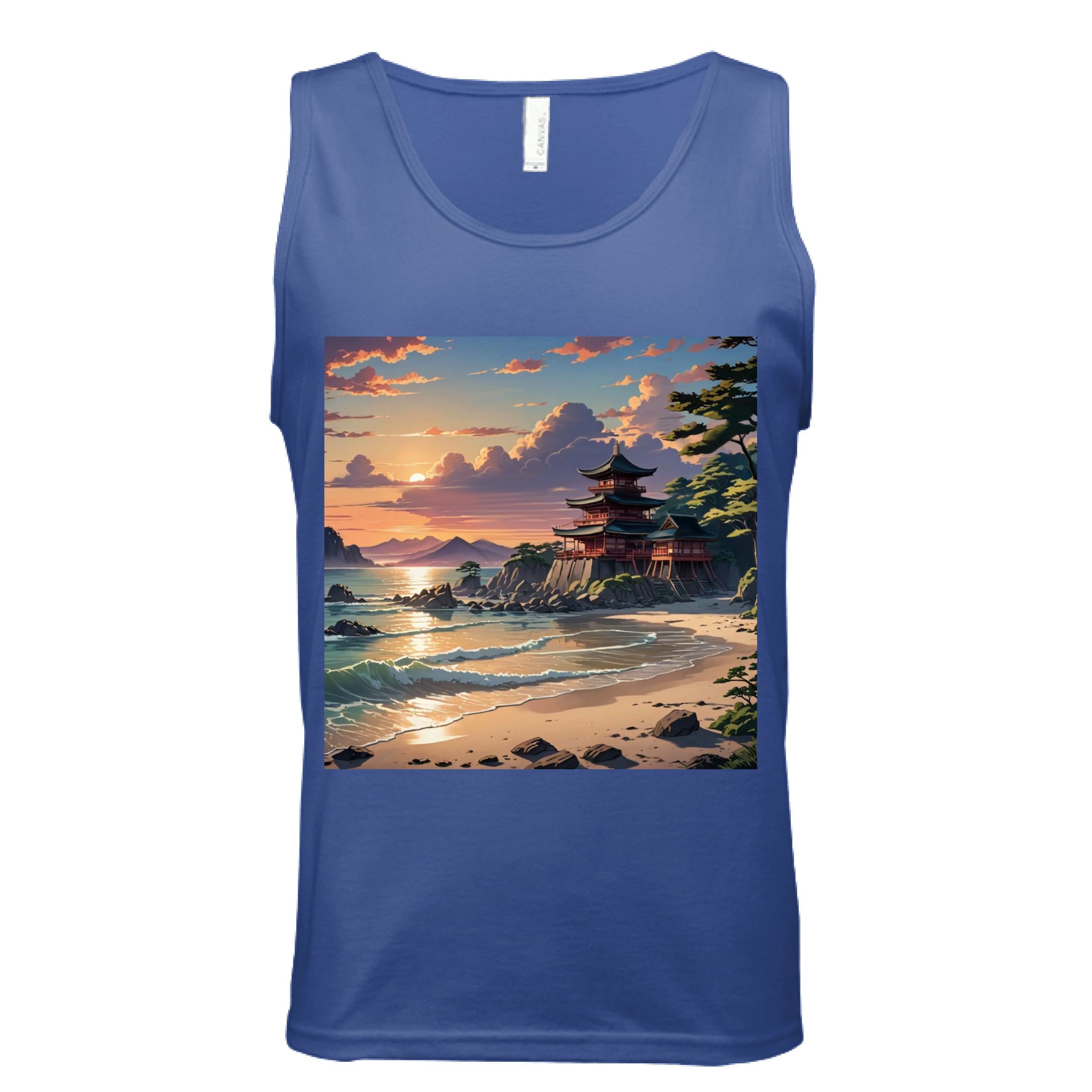 This is the True Royal Temple of Peace Tank by Lee Hansheng Studios. This is showcased from the front. The illustration in the forefront are crashing light blue, white waves hitting the tan beach, scattered rocks lining the beach to the right where trees are peaking out. In the back is a temple on rocky land that is red with green/black tops. In the background are more mountains and fluffy clouds with the sun rising. The sky is mixed with blue, yellow and red colors.It is against a white background. 