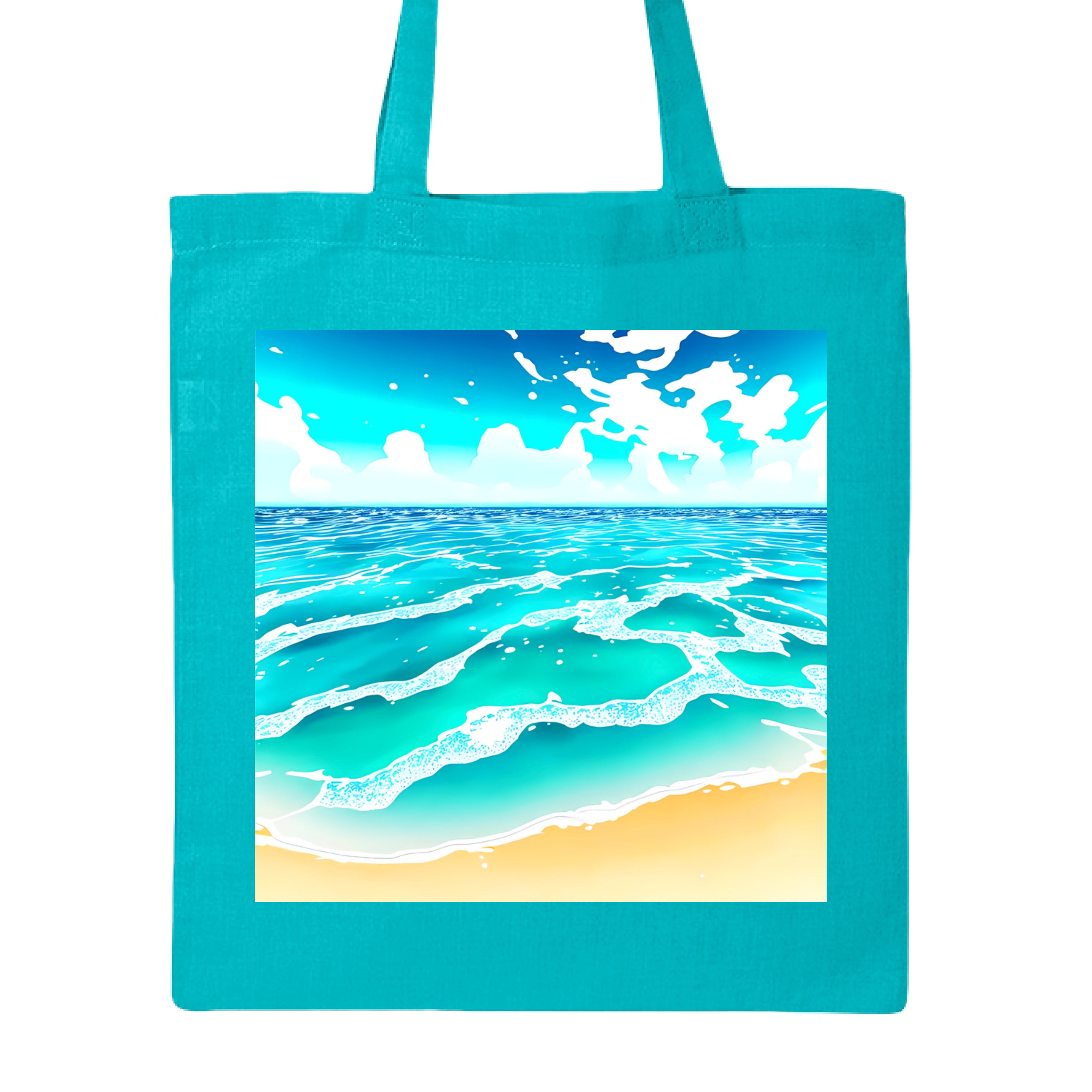 This is the Turquoise Beach Life Canvas Tote by Lee Hansheng Studios. This showcases the front of the tote. The squared illustration captures rolling turquoise waves, crisp white foam, and a stretch of golden sand under a brilliant blue sky that has clouds floating in the horizon. The sky is a gradient from light blue to darker blue. The tote is against a white background. 