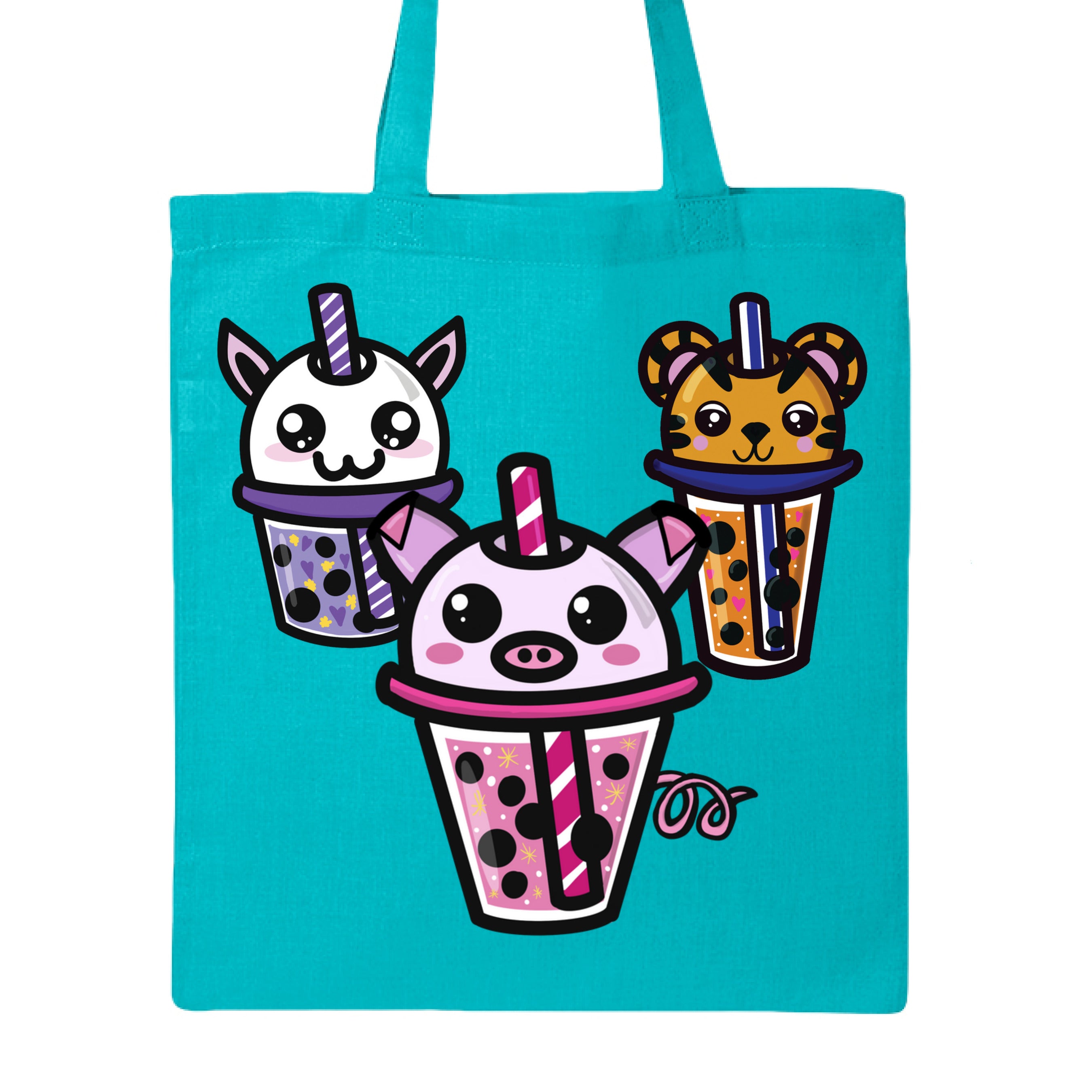 This is the Turquoise Boba Friends Canvas Tote by Dazzle & Daggers Design. This is showcasing the front that features three kawaii designs.The Piggy Boba is pink all over and the glass has pink liquid, boba, yellow sparkles,white dots and peppermint swirl like. Thai Tea Tiger is orange, orange liquid, black boba, white dots, red hearts, blue and white striped straw. The Cryptid Boba is white, purple and white swirl straw, purple liquid, black boba, yellow stars and purple hearts.