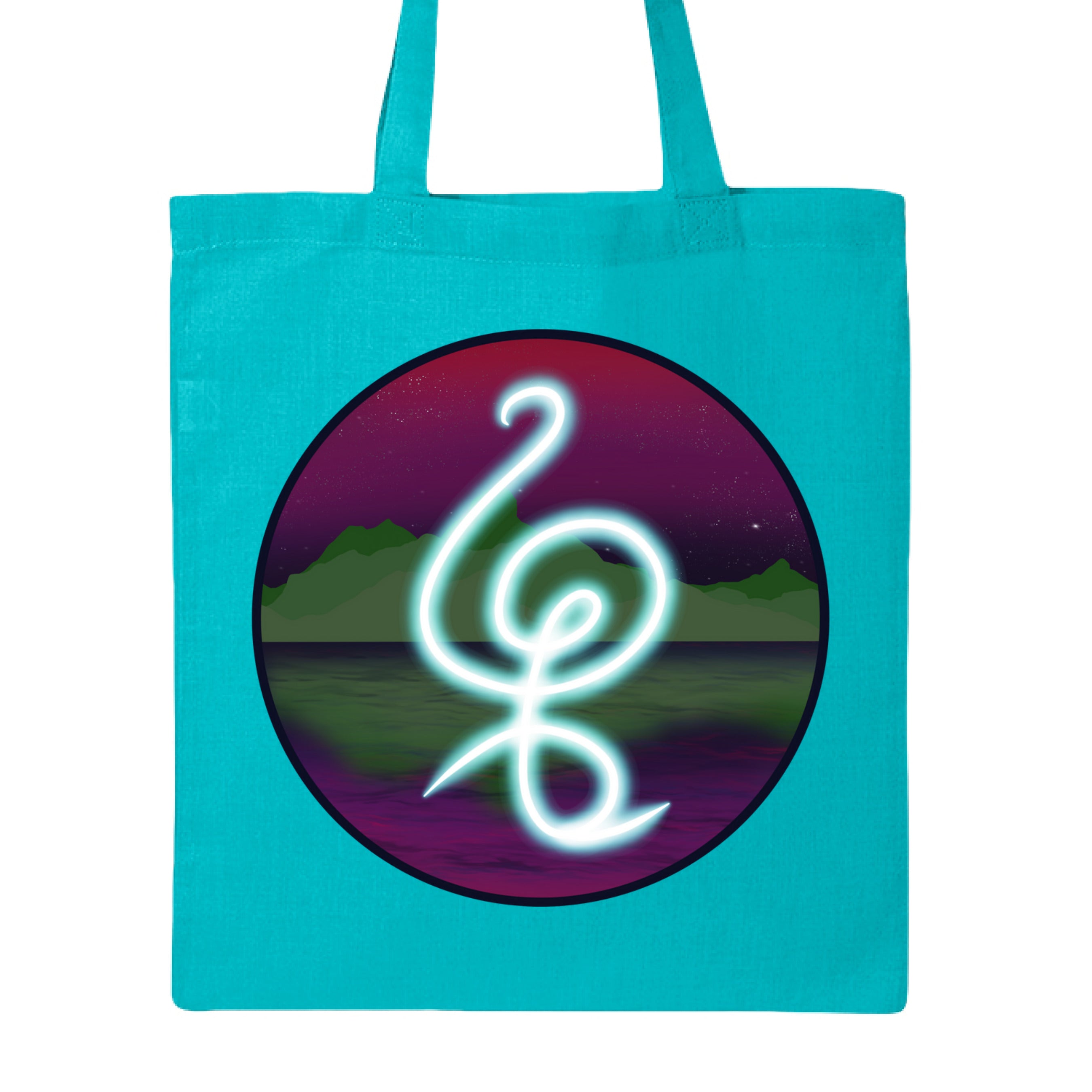 This is the Turquoise Hakuna Matata Canvas Tote by Lee Hansheng Studios. This is showcasing the front. The illustration is circular and has a glowing, freeform symbol in luminous turquoise against a cosmic horizon of deep purples and greens with twinkling yellow stars. It is against a white background.  