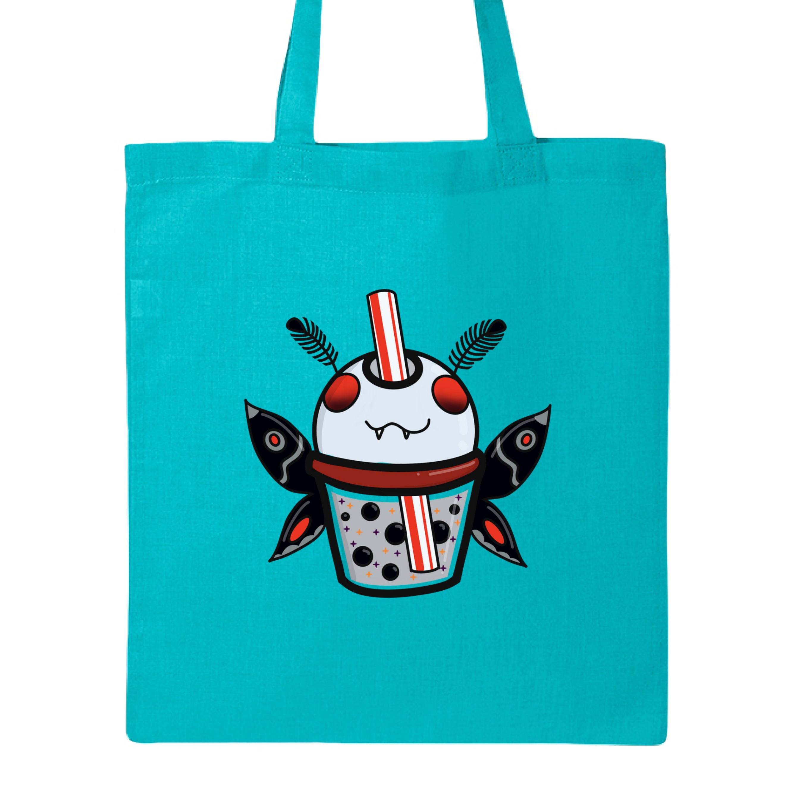This is the Turquoise Mothman Boba Canvas Tote by Dazzle & Daggers Design. This is showcasing the front of the tote. There is an illustration of a moth boba that is gray, red eyes, inside the glass is gray with black boba, red dots, black, red, gray both wings and fluffly black antennas, red and white striped straw. It is against a white background.