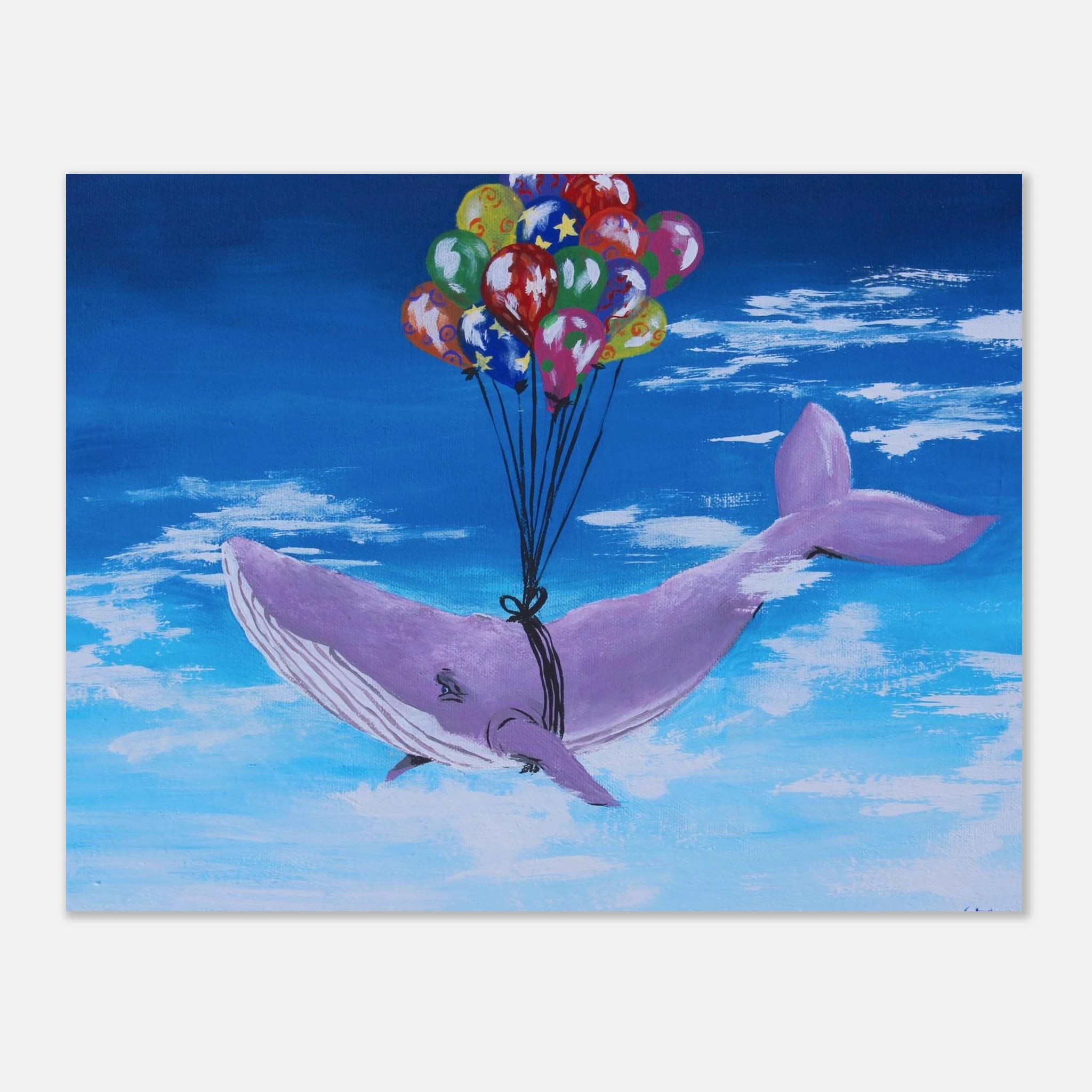 This is the 8" x 10" Up, up and Away Print by Storm Garden Studio. The illustration is of a large purple whale with colorful balloons that are blue, red, orange, pink, yellow, green with different patterns on it. The whale is against a gradient blue sky from light to darker with streaking clouds. The print is against a white background. 